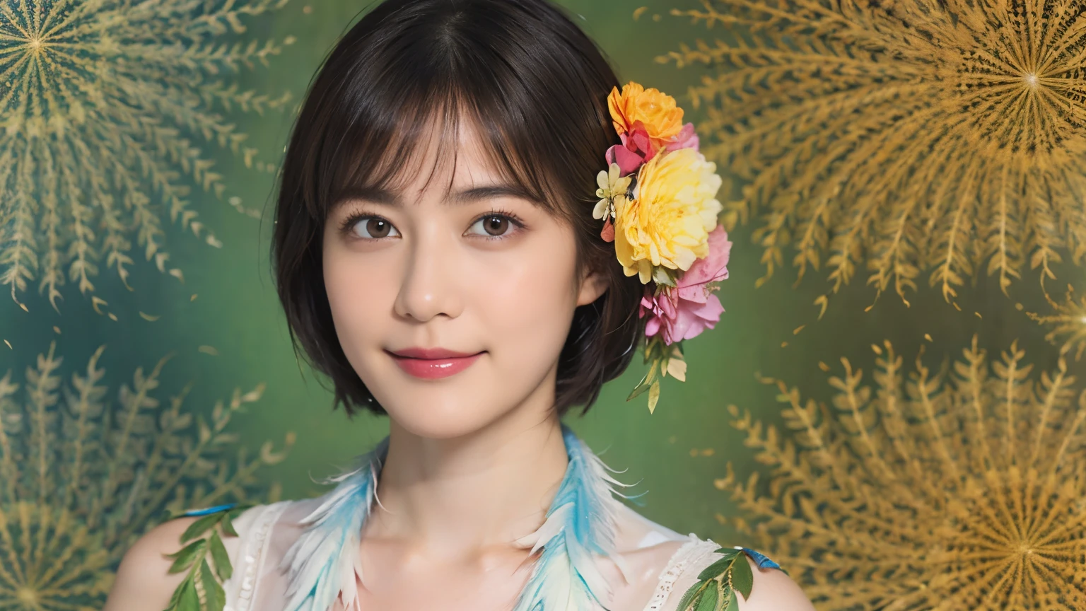 173
Shorthair, a 20 yo woman, gentle smile, colorful flowers, feather, (fractal art:1.46)