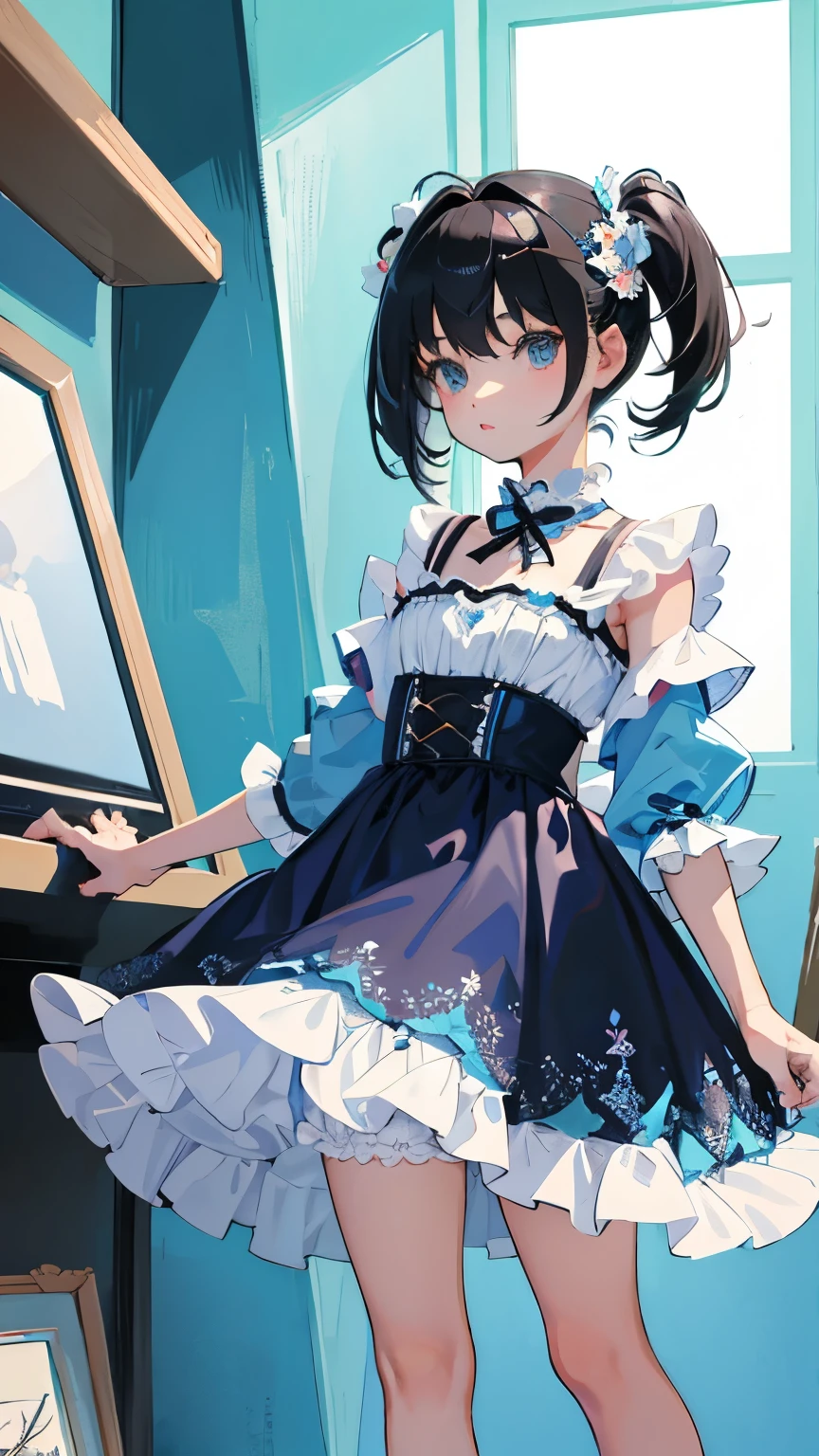 （​masterpiece，Highest Quality），()，a miniskirt，Turquoise Lolita Clothing，(A dark-haired，Twin-tailed)，embarrassed from，Delicate body，petite body，Shoulder