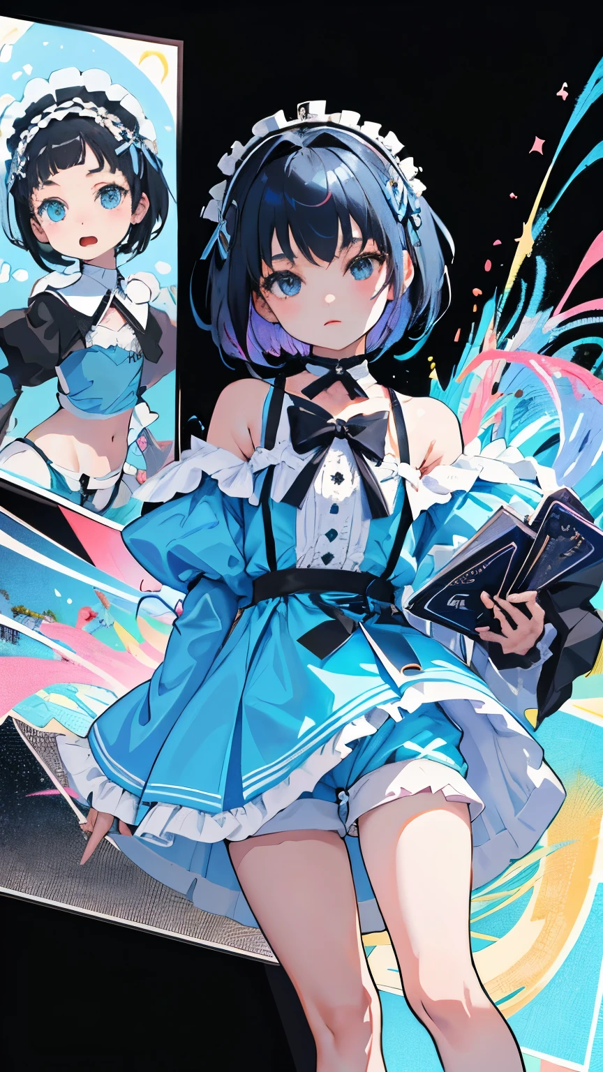 (short cute girl,small young student,young delicate girl),(masterpiece,Top quality),light blue lolita outfit,shorts,black hair twintailucha,card