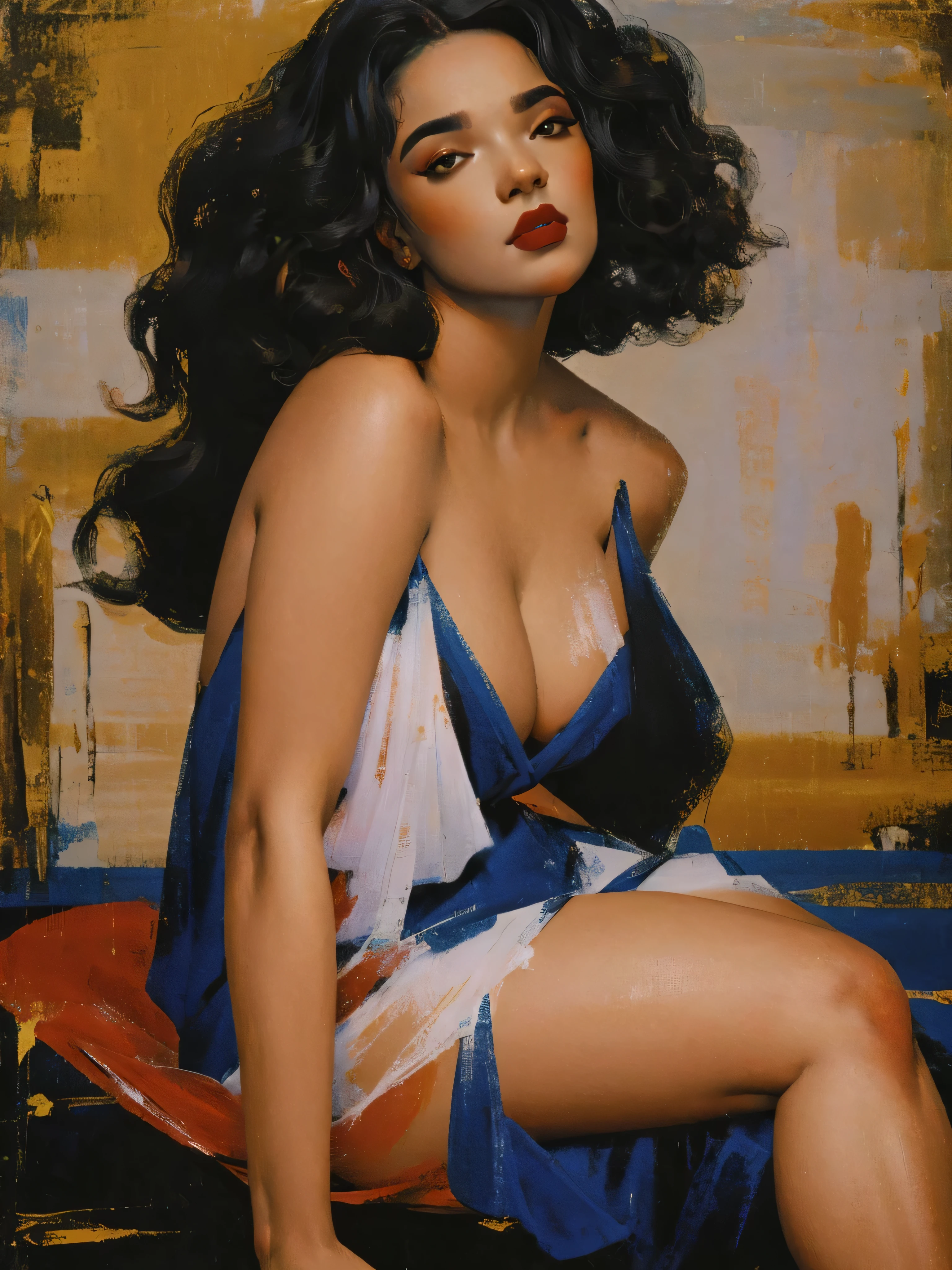 Modern Latina city，Beautiful girl，cabelos preto e longos，curlies，Sexy and seductive red lips，full bodyesbian，Sit cross-legged，portraitures，oil painted，inks，acrycle painting，tmasterpiece，Renaissance style，best qualtiy，A high resolution，super-fine，Eyes detailed，Face detailed，hair detail，Accurate，Clear eye focus close-up