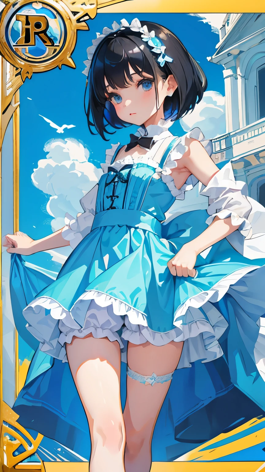 (short cute girl，small young student，young delicate girl）,（masterpiece，Top quality)，light blue lolita outfit，shorts，black hair twintailucha，card