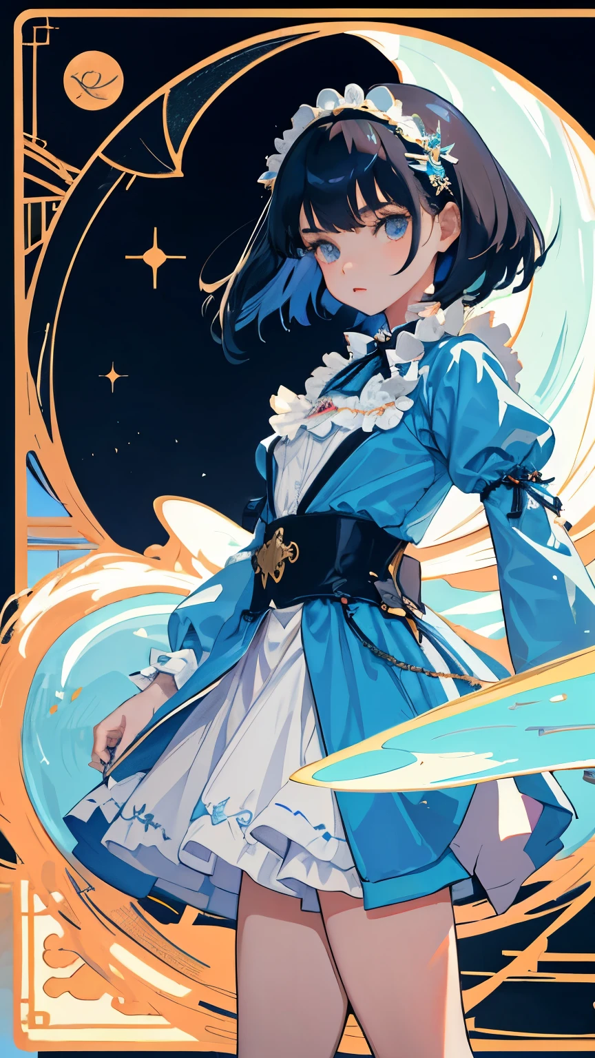 (short cute girl,small young student,young delicate girl),(masterpiece,Top quality),light blue ta outfit,shorts,long black hair,Mucha,tarot cards