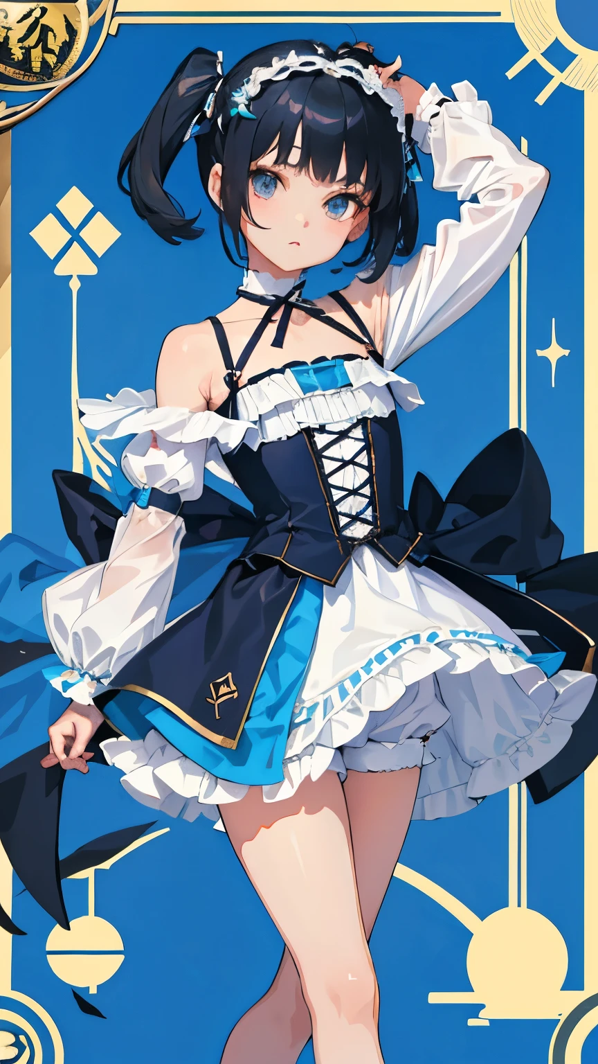 (short cute girl,small young student,young delicate girl),(masterpiece,Top quality),light blue ta outfit,shorts,black hair twintailucha,card