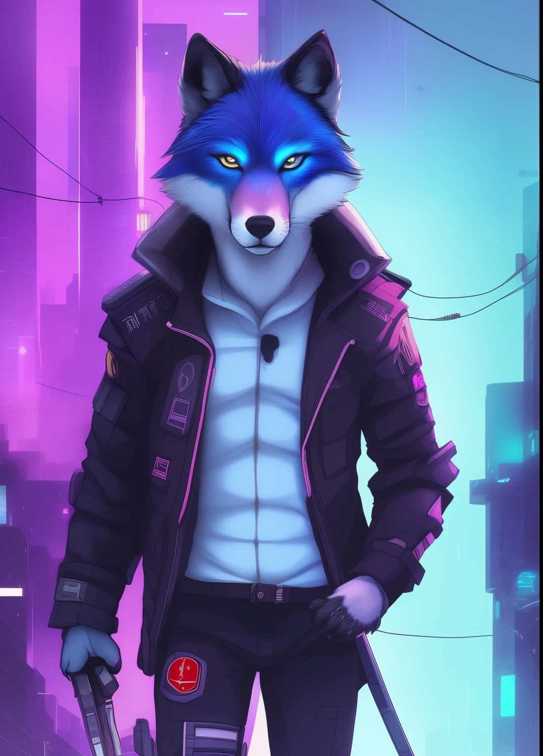 award winning beautiful portrait commission of a male furry anthro Blue wolf fursona with a tail and a cute beautiful attractive detalhado furry face wearing stylish black cyberpunk clothes in a cyberpunk city at night while it rains. Design de personagens por Charlie Bowater, ross tran, artegerm, e Makoto Shinkai, detalhado, tatuado, arte de quadrinhos ocidentais