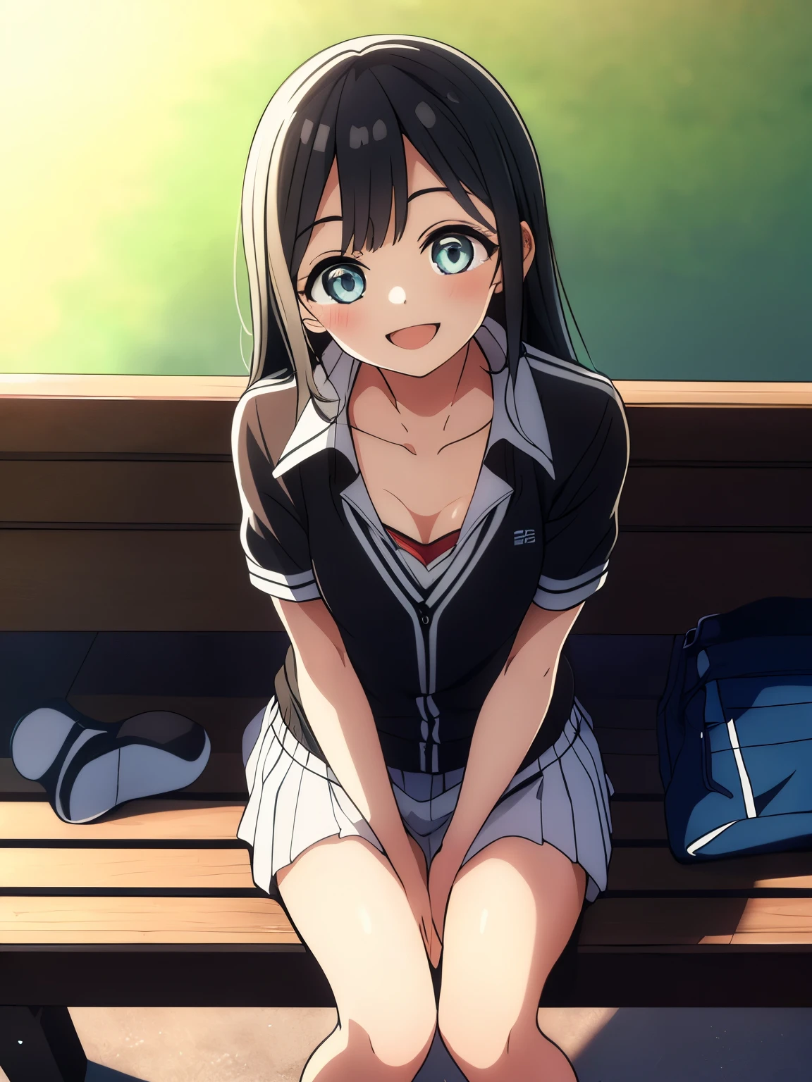 (best quality, masterpiece, RAW photo,ultra-detailed:1.2), 1girl,solo,looking at viewer,smile long straight black hair,
short sleeve gym uniform, hair clip, side parted hair, front view, from below, sitting, classroom, akebi komichi, smiling at you, 1 girl, black hair, butterfly hair topper, black cardigan, white unbuttoned T-shirt, black bra, medium , plunging neckline, full length flat, looking at viewer, front view, in a room, sunlight, one bed in the background, 2d, masterpiece,masutepiece, Best Quality, 8K_Wallpaper, (Beautiful eyes), ((Cute)), Cute, (lovely), (Tennis court on a sunny day),1girl in,,1 ,Big smile,facial close-up、portlate(((tennis coat)))(((Tennis Wear)))(((Sit on a bench and relax)))