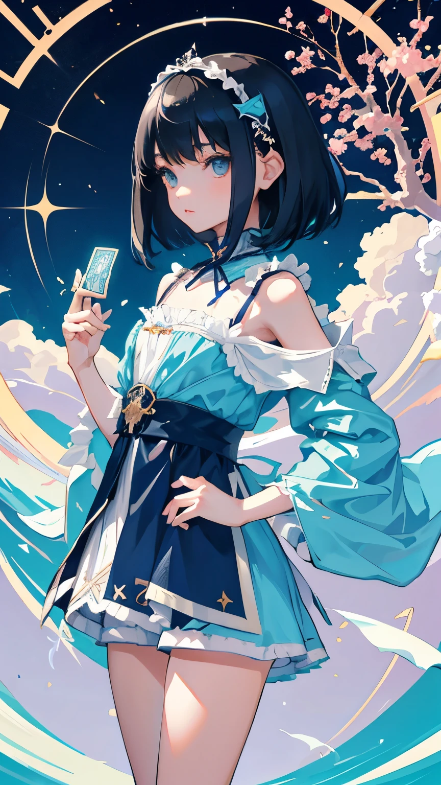 (short cute girl, young studeg delicate girl),(masterpiece,Top quality),light blue lolita outfit,shorts,long black hair,Mucha,tarot cards