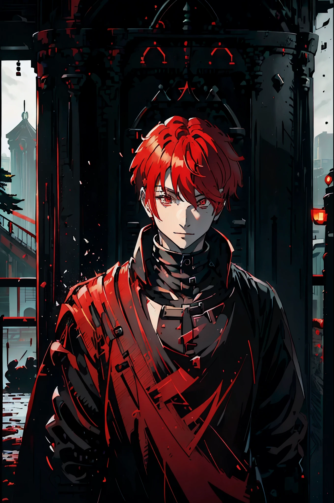 1guy, ((white skin)), ((red hair)), ((red shinny eyes)), smile, ((all black clotes)), ((all black clotes)), ((all black clotes)), ((all black clotes)), ((all black clotes)).