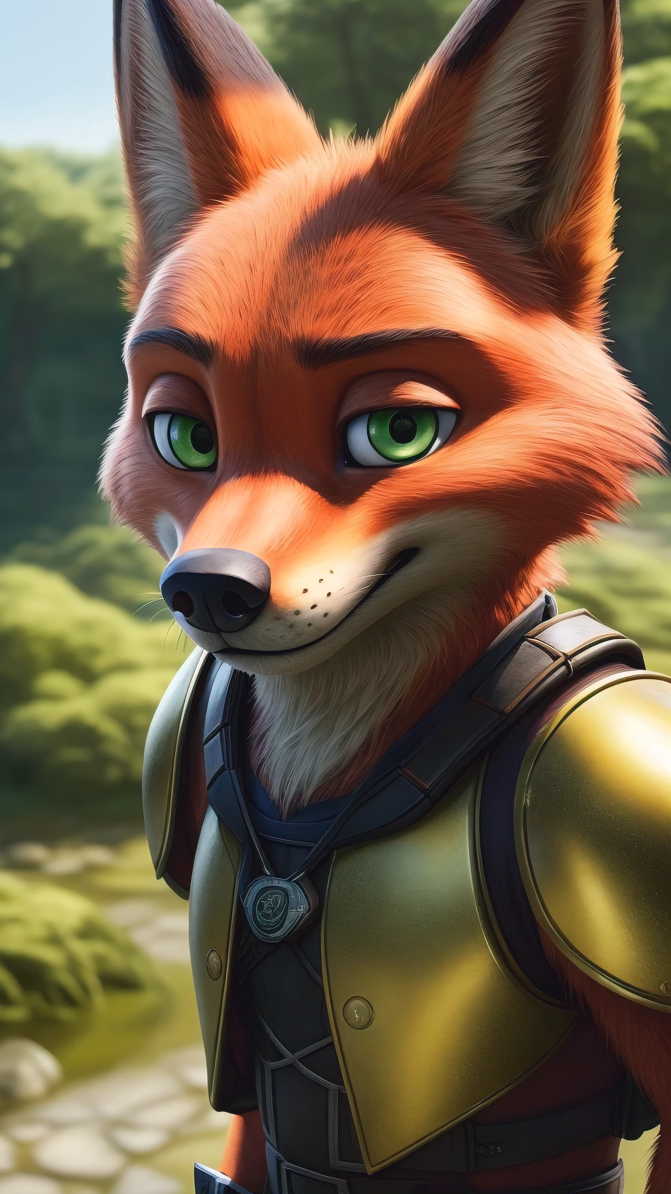 (melhor qualidade, 32KHD:1.2), ultra-detalhado, Realista, photoRealista, To transform, personagem, Senhor Nick Wilde,, olhando para o espectador, olhos verdes, Realista golden armor, Japan, PlayStation 5 graphics, 32KHD