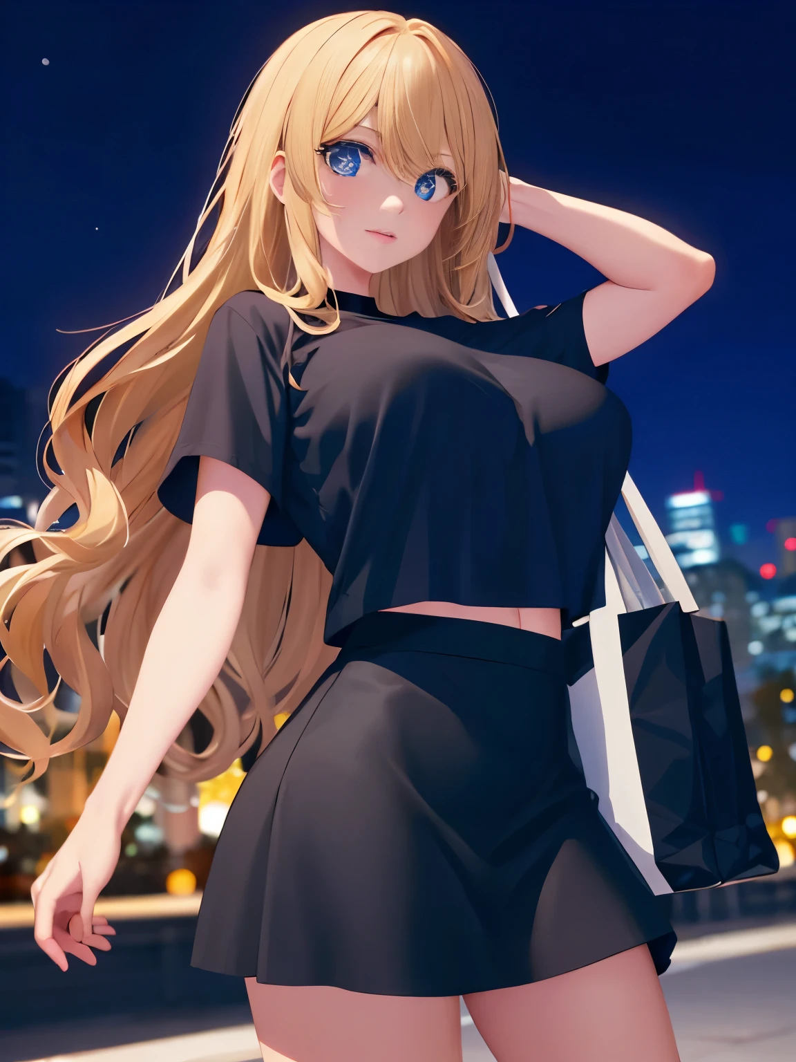 1woman,super beautiful,Standing at night, carrying a big black bag,half body photo,Focus on face,Beautiful eyes, very detailed face, HD face, perfect face,black t-shirt,black mini skirt,Very big breasts,Blonde hair,long hair,wavy hair,bangs,blue eyes,ultra detail,ultra Hd, masterpiece,4k