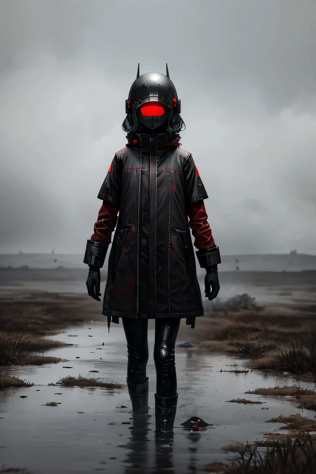 (((abandoned world))), ((gloomy atmosphere)), lonely anime girl, Red eyes, Bronze helmet, red inserts, pale skin, closed fabric clothing, pale teeth, Wet earth, slippery ground, deep fault, dark sky, Gloomy sky, ((cold lighting)), horror atmosphere, extremely detailed, highly detailed art, (very detailed background), Masterpiece