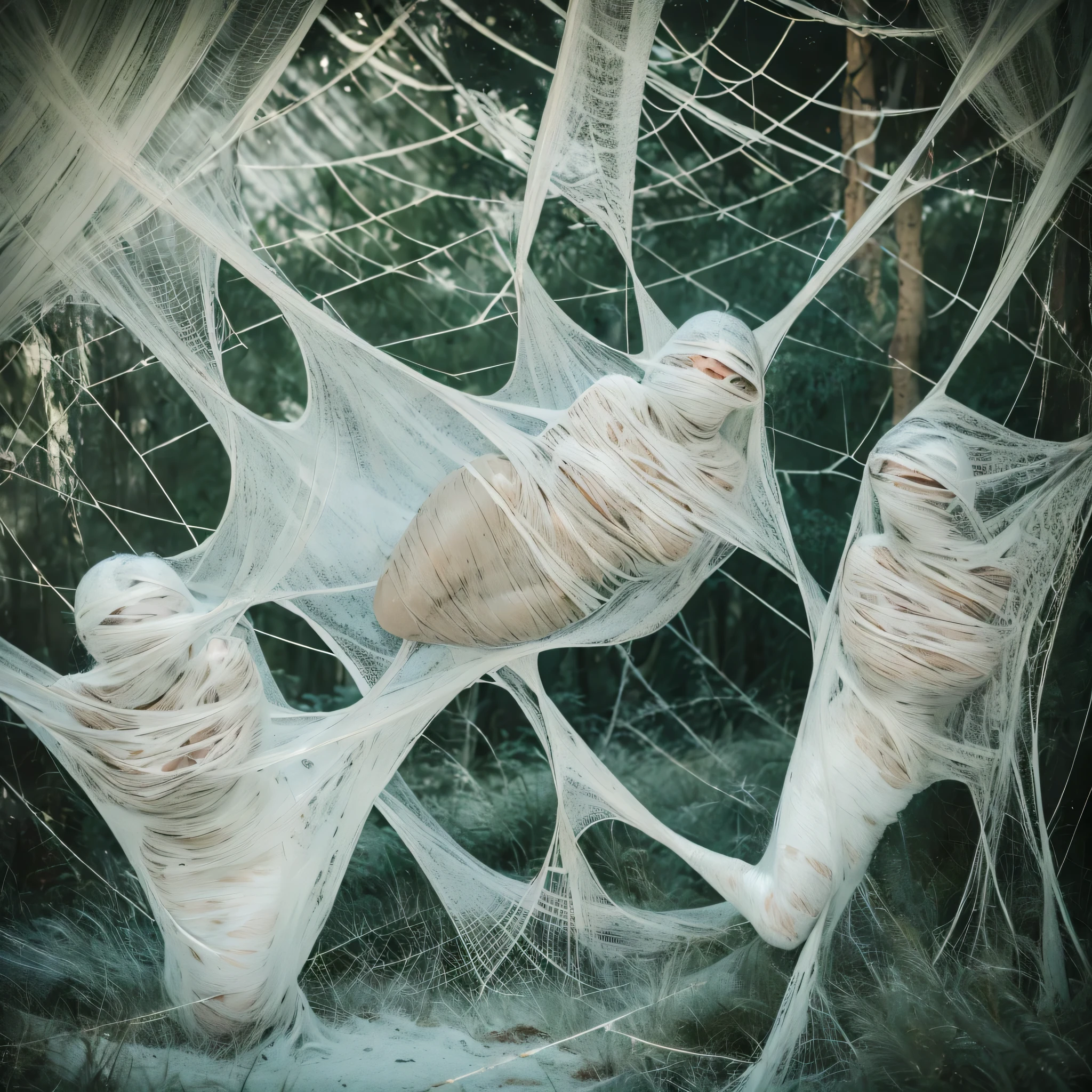 1girl,web covered with dew, dimly lit, eerie atmosphere, dark colors, dusty chalkboard, old desks and chairs, broken windows, torn textbooks, abandoned spider's nest, 2 students in the background studying diligently, rays of sunlight filtering through the cracks. (best quality, highres), (realistic:1.37), oil painting, dramatic lighting, muted tones. (cocoon:1.3)