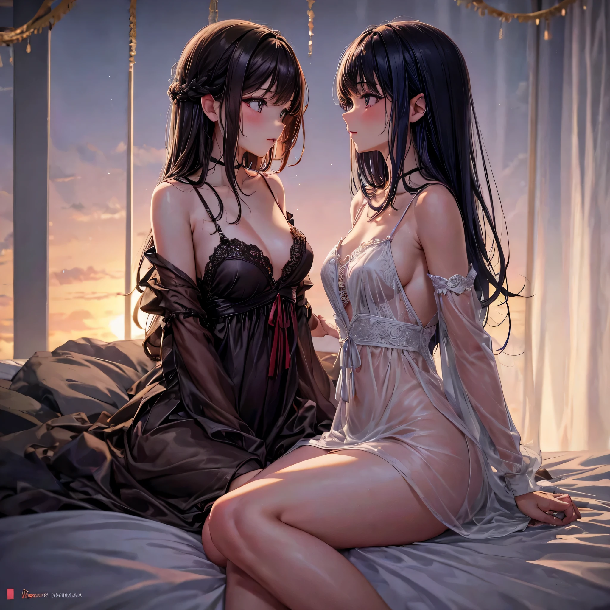 two girl making love,(bright lighting,romantic setting),dreamy background,bondage,dark hair, mesmerizing gaze, , soft skin, alluring beauty, artistic portrait, high-quality image, vibrant colors, long silk gown, in the bed, mosquito net