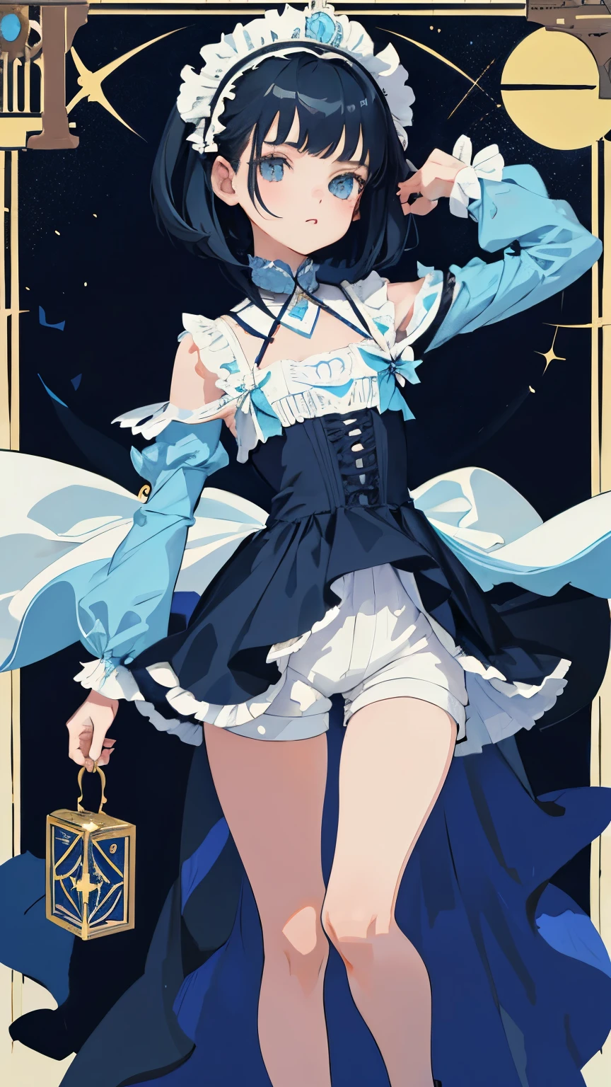 (short cute girl,small young student,young delicate girl),(masterpiece,Top quality),light blue ta outfit,shorts,long black hair,Mucha,tarot cards