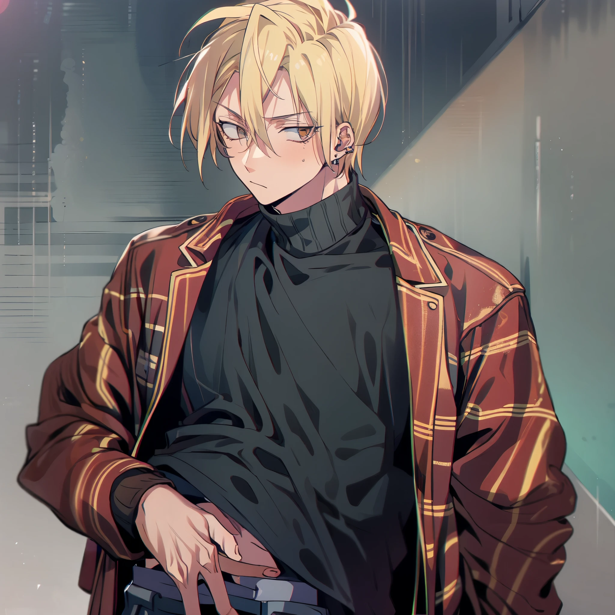 A guy in grunge clothes, cool looking, handsome, urban setting, dark colors