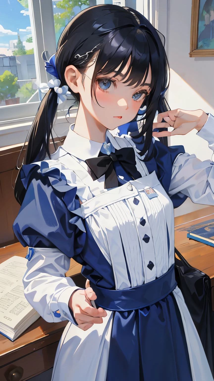 (short cute girl，small young student，young delicate girl）,（masterpiece，Top quality)，Light blue maid clothes，black hair twintails