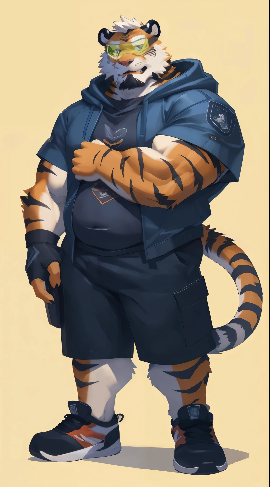 a furry tiger, orange fur, white hair, muscular build, chubby, (((short sleeves blue hoodie, black protective suit, gray shorts cargo, sport shoes))), ((orange tiger)), furry art, full body, simple background, mature, tall, beard, daddy, muscular, round face, rpg concept art, a cartoon tiger in a hoodie and shorts standing with his arms crossed, anthropomorphic tiger, full body character portrait, furry character, full body portrait of a short!, full-body character portrait, character full body portrait, detailed full body concept art, furry character portrait, anthro concept art, detailed full body concept, full body cgsociety, anthro art