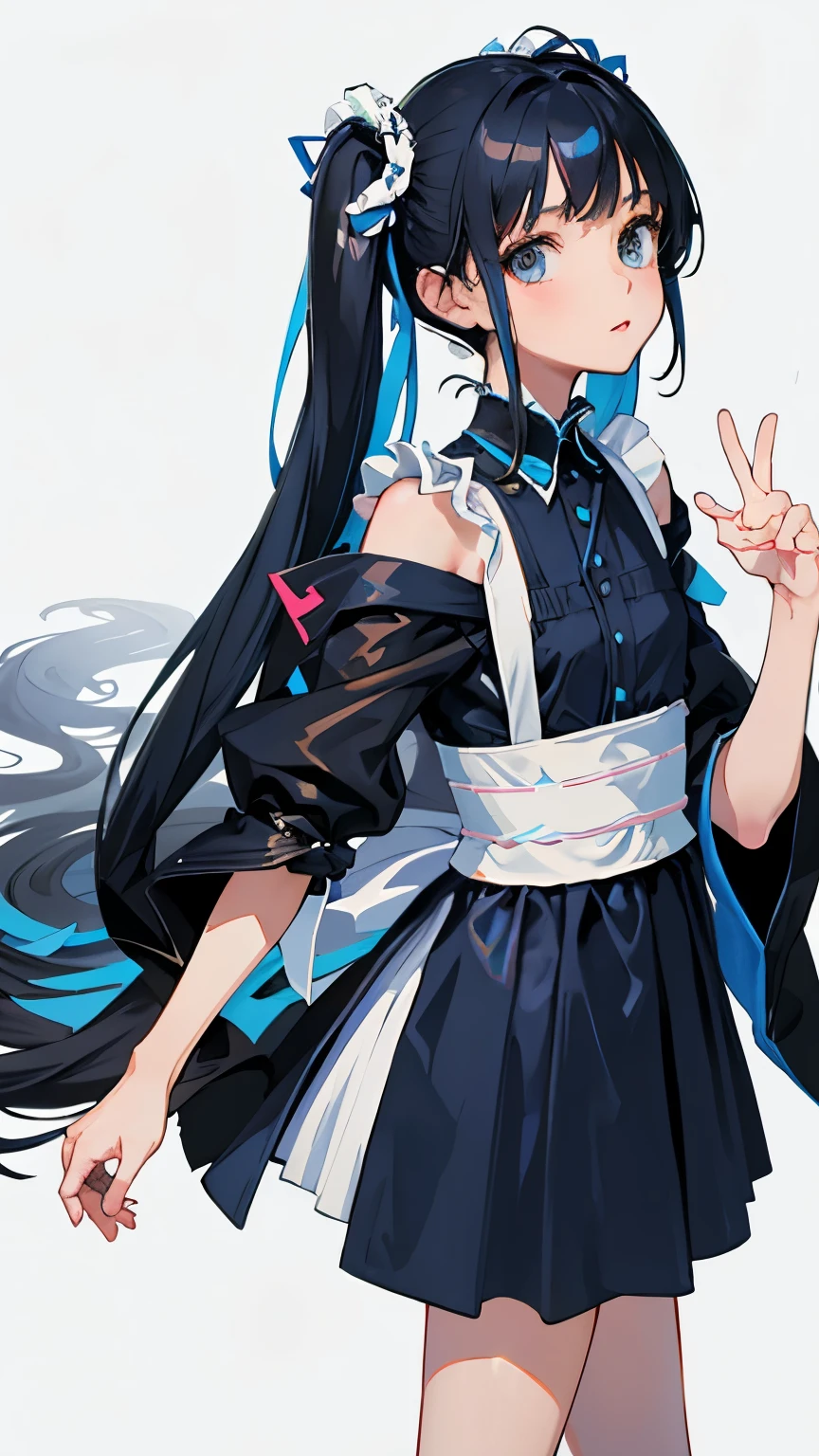 (short cute girl，small young student，young delicate girl）,（masterpiece，Top quality)，Light blue maid clothes，black hair twintails
