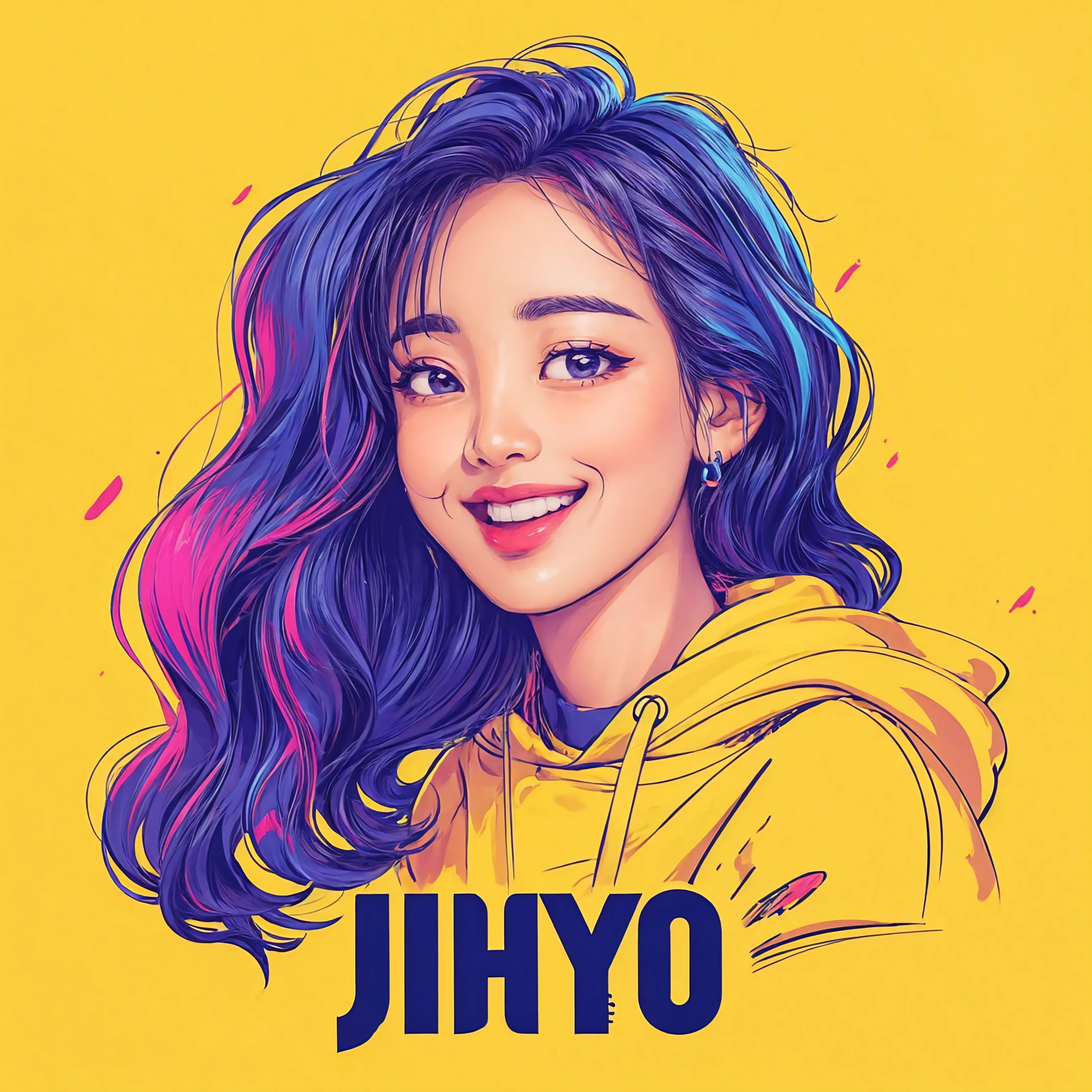 (best quality, masterpiece:1.2), graphic design, logo, a smiling woman with the word "JIHYO", kpop, simple lines, cartoon style, vibrant