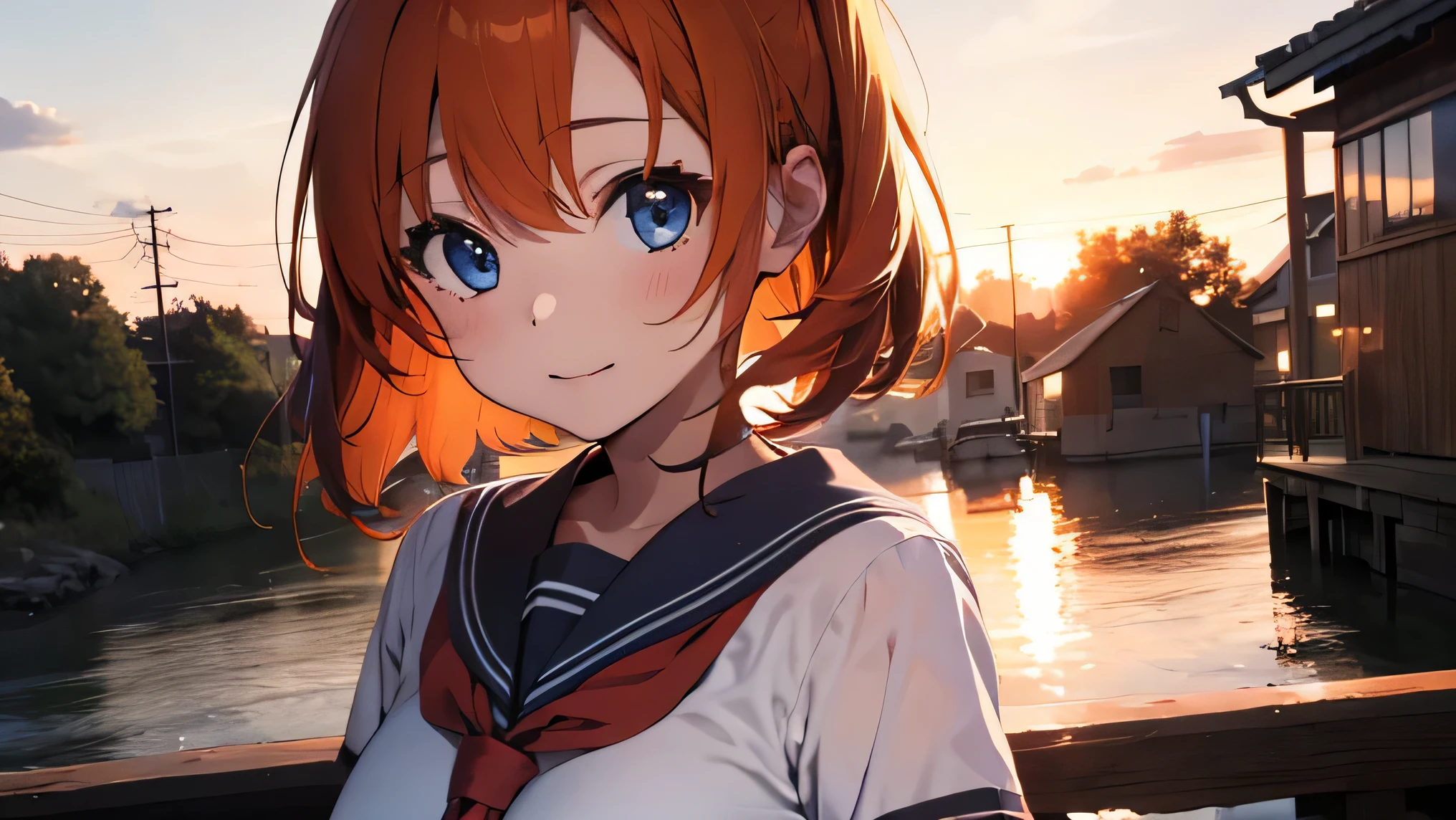 1 girl, Rûuguu horseradish, orange medium hair, Blue eyes, Seraphuku, sunset