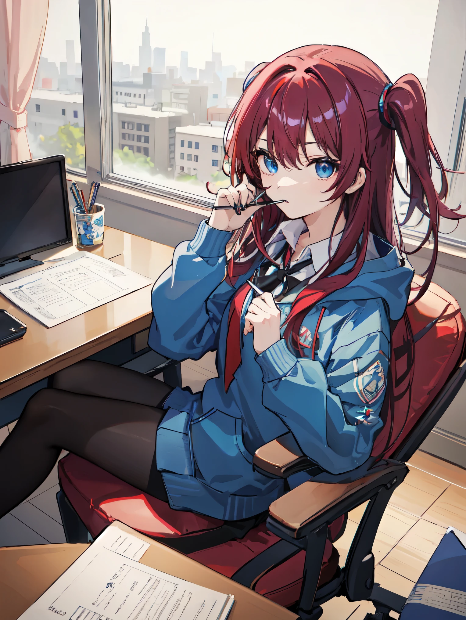 (masterpiece、high quality、be familiar with、High quality、detailed)、pretty girl、long hair of bright maroon color,、two side up hair、blue eyes、blue long hoodie、black pantyhose、loafers、university student、narrow shoulders、thinking expression、Sitting in a chair opposite a desk、There are notebooks and stationery on the desk.、holding a pen in hand and thinking、taking classes、Large lecture room、University campus、anime art