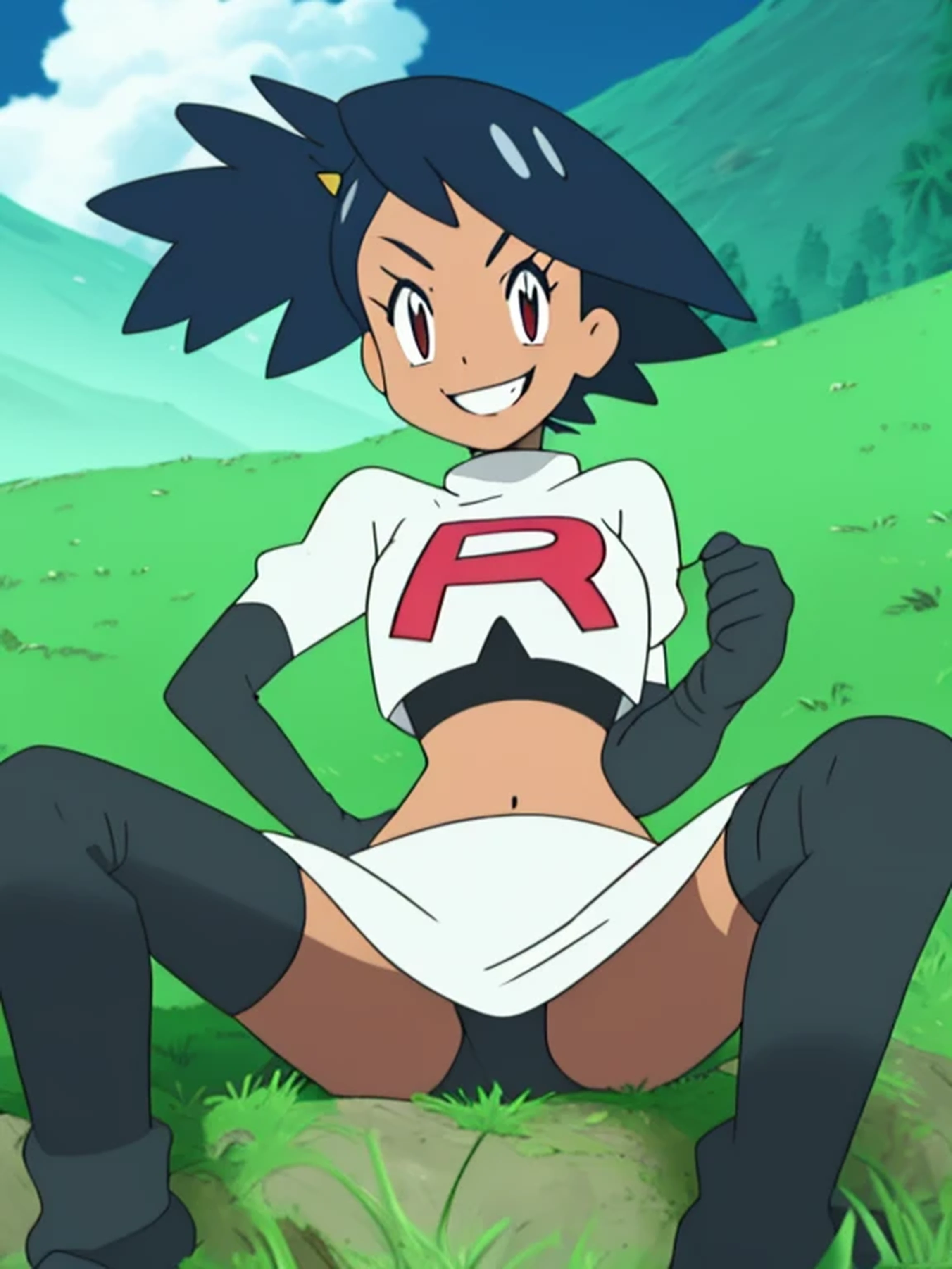 view of the valley, with grass, team rocket uniform, red letter r, white skirt,white crop top,black thigh-high boots, black elbow gloves, evil smile, looking at viewer, hands on hips, spread legs, sitting down