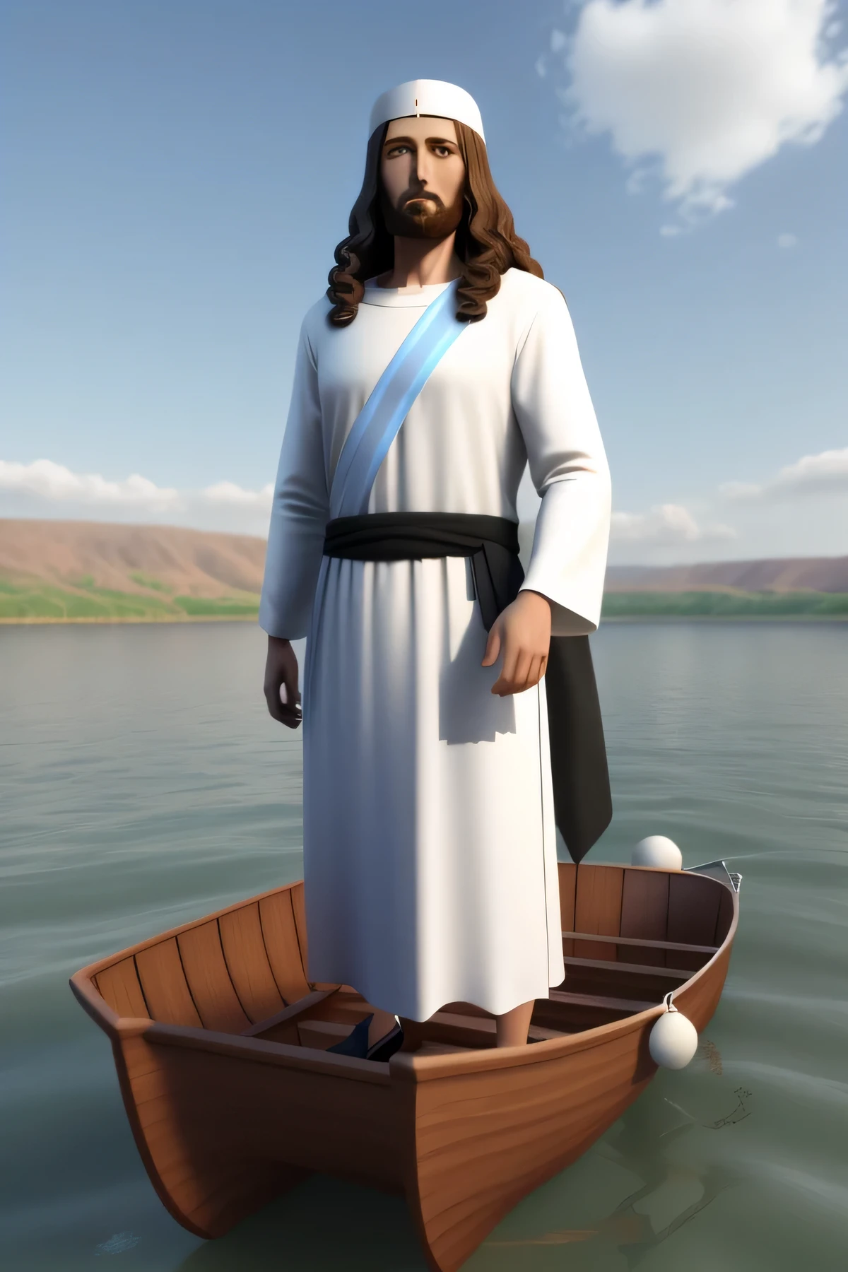 Jesus Christ standing in the boat on the Sea of Galilee, with a white tunic and a waist sash 3d