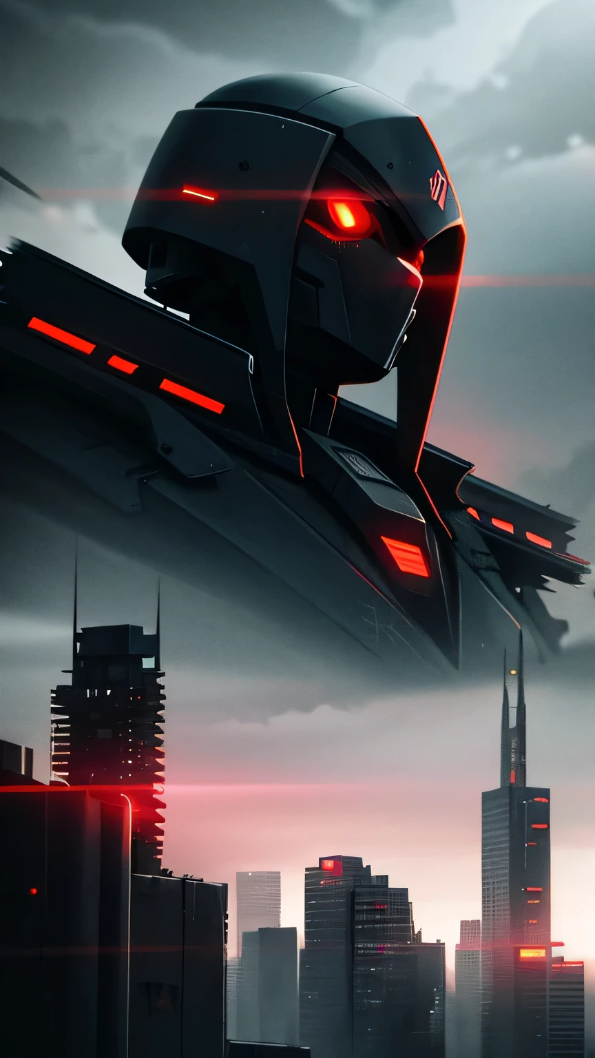 (((Dystopian world))), ((dark cyberpunk atmosphere)), Gloomy sky, dark night, Black Sky, starless sky, long wires and flickering sensors, cold concrete, dark sky, lonely dark anime girl, Red eyes, White steel helmet, black and gray inserts, red meat skin, all-metal body, ((cold lighting)), horror atmosphere, extremely detailed, highly detailed art, (very detailed background), Masterpiece