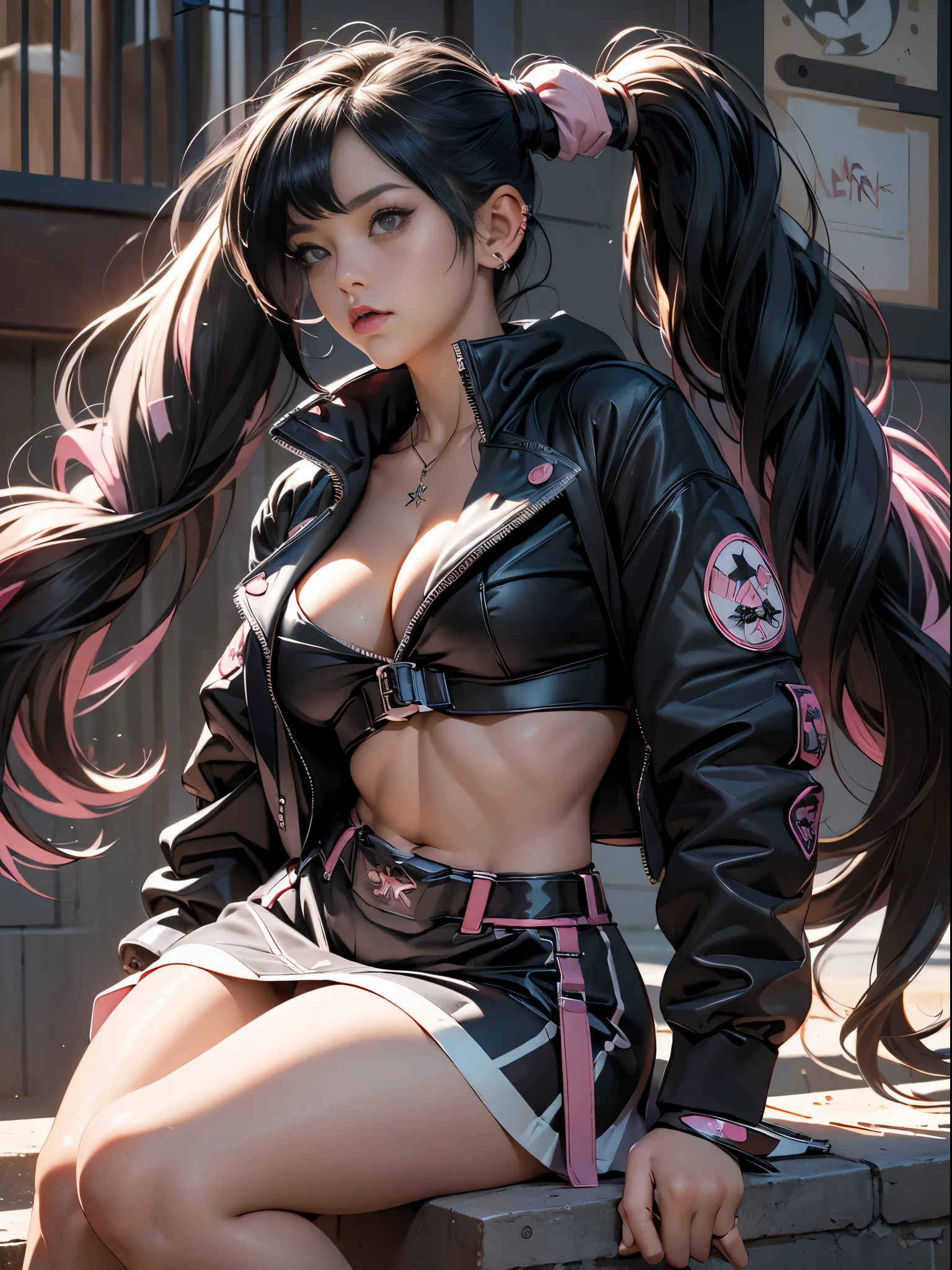 (((of the highest quality: 1.4))),(unparalleled masterpiece ever), (Ultra high definition),(Ultra-realistic 8K CG), offcial art、 (((adult body, accentuated super huge enormously gigantic tits, cleavage showing))), (((1girl in))), ((( very long hair in pigtails ))), Punk girl with a perfect body, school girl uniform school girl skirt and backpack with lots of straps buckles and zippers,Beautiful and well-groomed face,Fancy makeup,Detailed punk fashion,school girl uniform and school girl skirt, (Image from head to thigh),((Platinum black hair )), Harajuku-inspired hooded jacket, Simon Bisley's urban savage style,Detailed street background of school classroom,Clean abs, Complex graphics, dark pink with white stars and gray and white stripeany poisonous tattoos )), piercings,