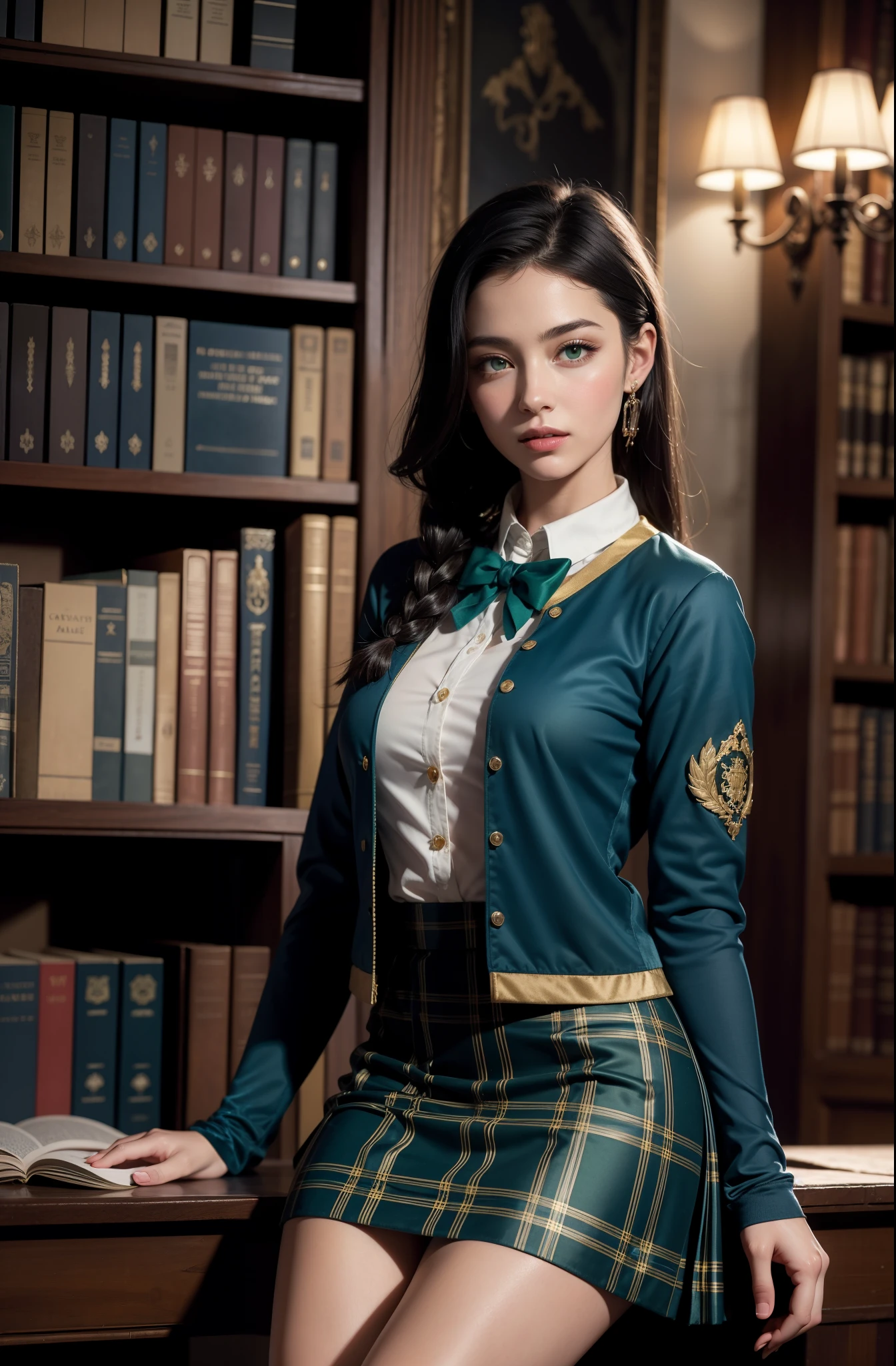 ((photorealism, high quality, detail, masterpiece, best quality:1.2)), (more than half of the body) A young aristocrat girl from a fictional European medieval aristocracy, a student at the Academy of Magic (Hogwarts), looks at us with seductive eyes ... (((she is sitting on the table half-turned, dynamic pose))) she is dressed in a student uniform, (dark blue) short jacket made of fabric (velvet) ((gold trim, sleeve patch)), ((green)) plaid pleated skirt (dress), (black) thick hair braided on one side, green eyes. A magical atmosphere, a school of magic, an ancient library, fantasy art, this work is done in very realistic colors.She is characterized by artistic expressiveness.