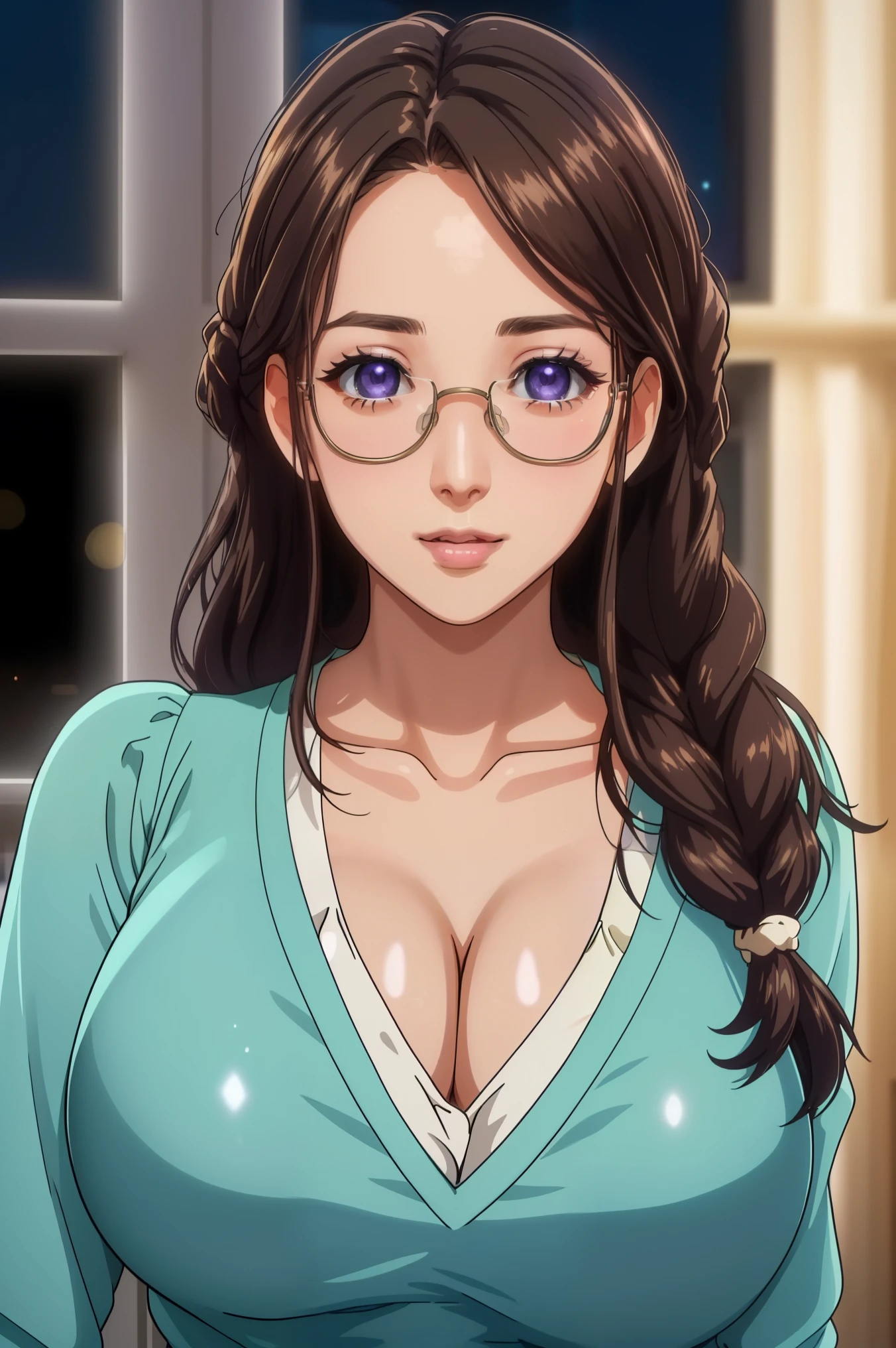 [masterpiece, best quality, ultra high res, beautiful detailed hair detailed face, perfect feminine face, william-adolphe bouguereau], (Night:1.7), Modern apartment, high rise, CityView, Before Window,
Standing at attention,Hands Down,
Green shirt,long sleeves, cleavage, collarbone,
Glasses,brown hair,purple eyes,braid,single braid,yellow hair ornament,
1 girl, 20yo,Young female,Beautiful Finger,Beautiful long legs,Beautiful body,
Beautiful Nose,Beautiful character design, perfect eyes, perfect face,expressive eyes,
looking at viewer, in the center of the image,(Upper_body),(Focus on her face),
official art,extremely detailed CG unity 8k wallpaper, perfect lighting,Colorful, Bright_Front_face_Lighting,shiny skin,
(masterpiece:1.0),(best_quality:1.0), ultra high res,4K,ultra-detailed,
photography, 8K, HDR, highres, absurdres:1.2, Kodak portra 400, film grain, blurry background, bokeh:1.2, lens flare, (vibrant_color:1.2)
(Beautiful,large_Breasts:1.4), (beautiful_face:1.5),(narrow_waist),