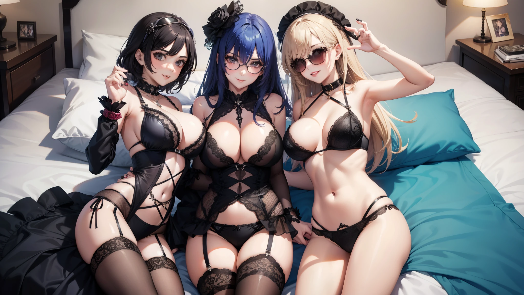 three sexy women looking at camera, flirtatious smiles, on bed, sunglasses, sunhats and goth lingerie outfits, portrait