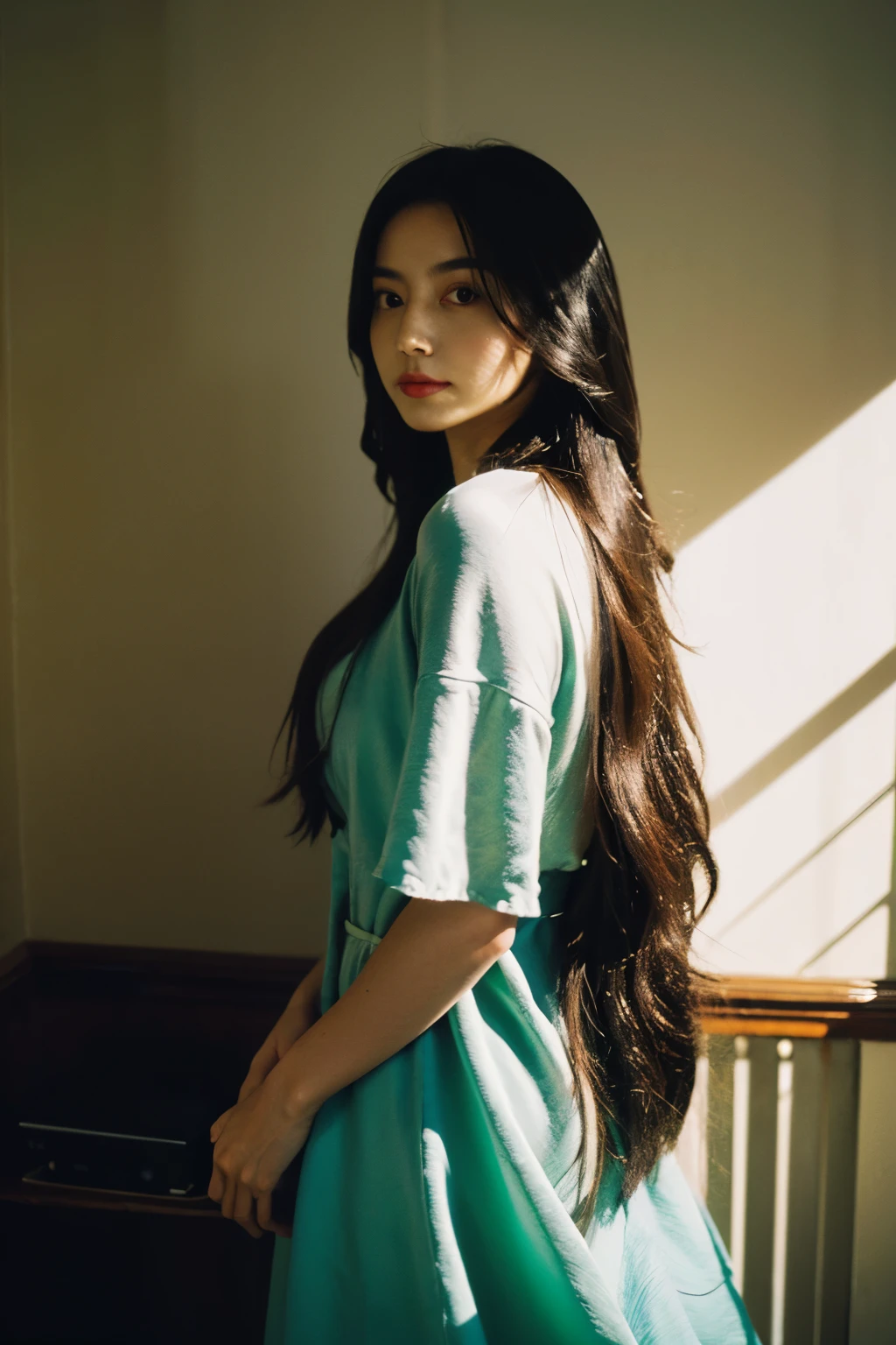 1woman, one picture on a roll, (wearing jade)), beautiful woman, her long hair flowing behind her, ((flowy hair:1.5)), she loves her jade, your focus your eyes, woman looking to camera, dark clothing, custom fashion fit, (hypnotherapy jade), mystical, mesmerizing, back lit jade, stylized office, professional, cool chick, welcomes you, exterior it's air molecules, the women are charismatic woman, there's something about her, incredible presence, all her details are captured by any and all cameras, all (details captured, taken by Canon EOS 5D, Nikon d850 full frame, Leica M, Hasselblad digital cameras), the picture seems to show you every detail, we can see details the normal eye can't see, invisible to many, camera is revealing more around her, reveal the deepest shadows, blacks are deep and rich, every texture is clear and fine, shallow depth of focus, deep darkness,