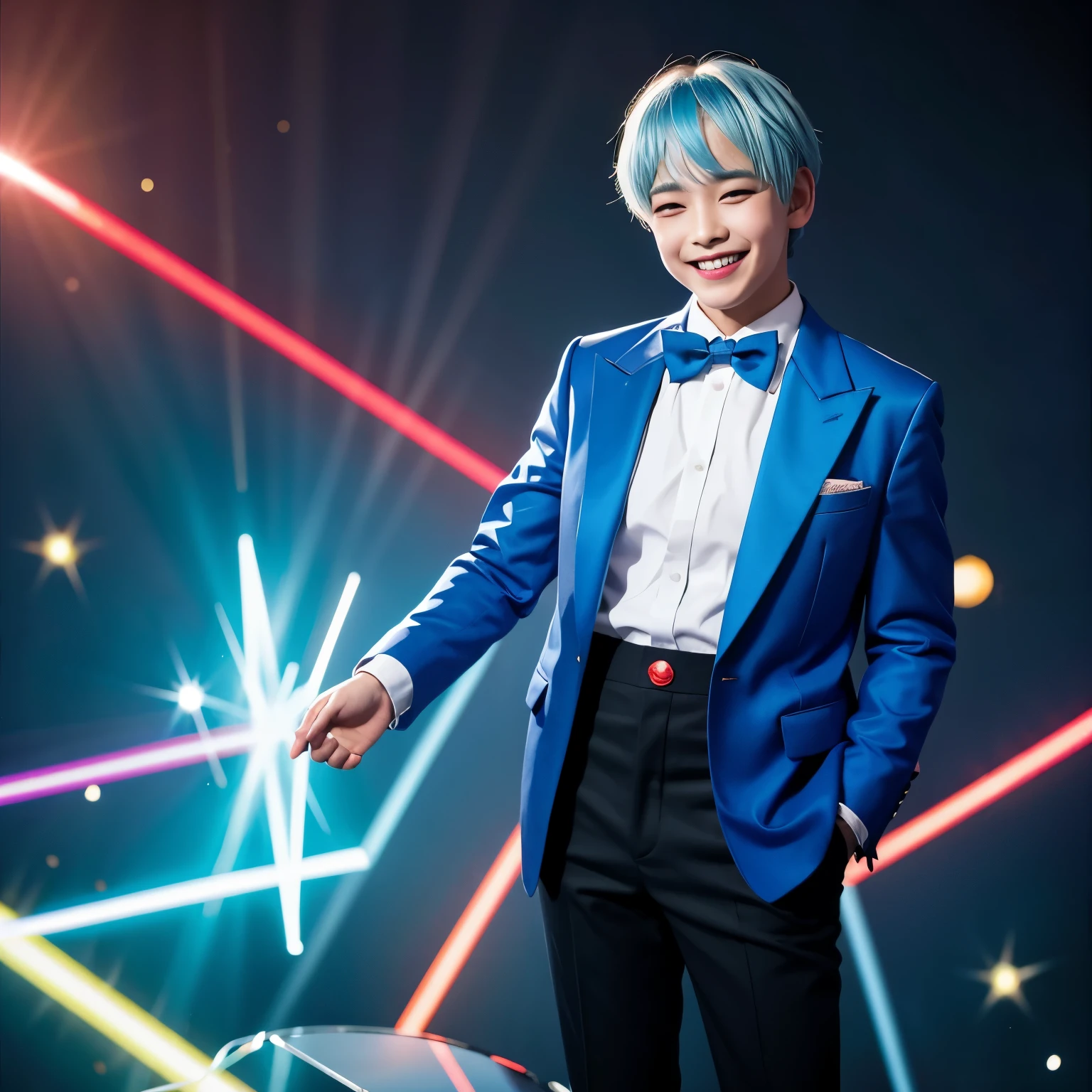 A boy with light blue hair, light green shoes, black pants, a blue jacket, a white shirt with a red bow, a background of blue sparkles and the boy is smiling and the boy is an adult.
