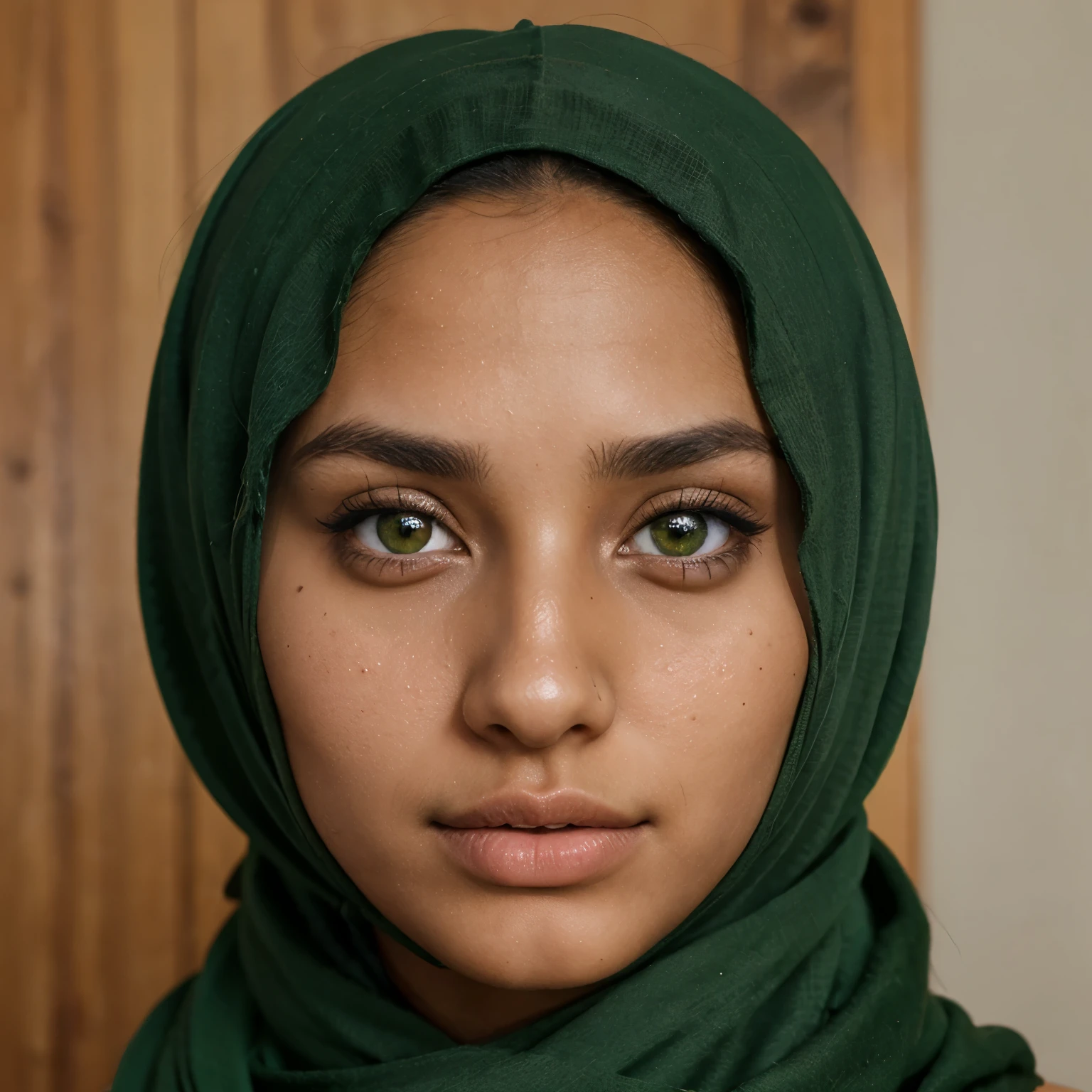 A close up of a woman wearing a green scarf and a green head scarf ...