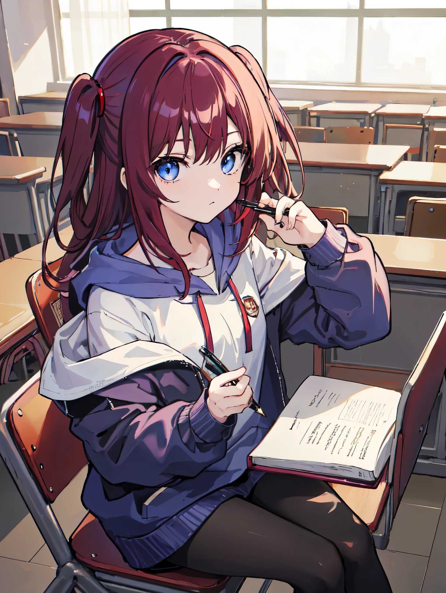 (masterpiece、high quality、be familiar with、High quality、detailed)、pretty girl、(long hair of bright maroon color,、two side up hair、blue eyes)、(blue long hoodie、black pantyhose、loafers)、university student、(short、narrow shoulders)、thinking expression、Sitting in a chair opposite a desk、There are notebooks and stationery on the desk.、holding a pen in hand and thinking、taking classes、Large lecture room、University campus、anime art