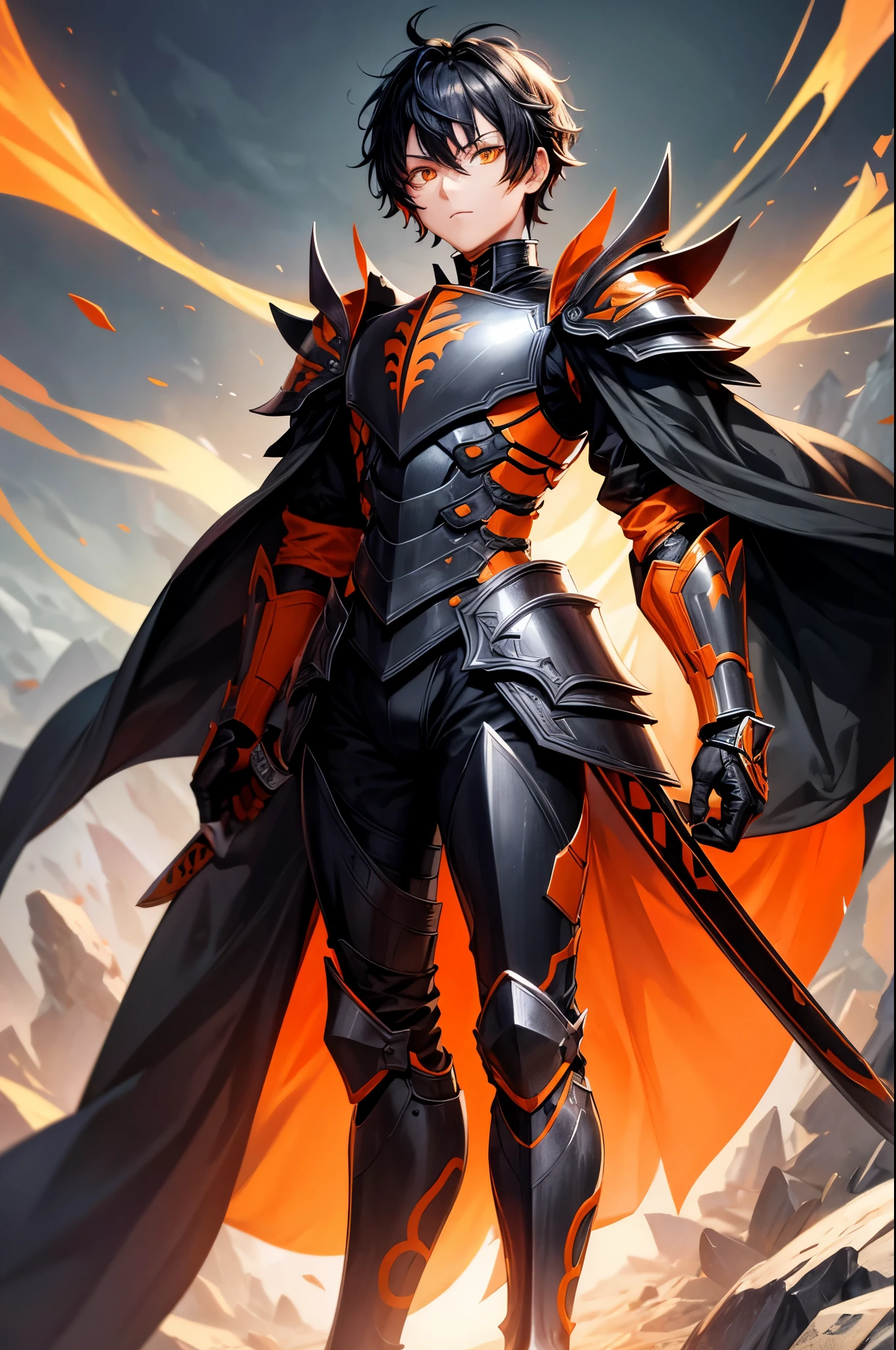 human, short height, black and orange armor, male, orange sword, orange armor, black hair, orange eyes