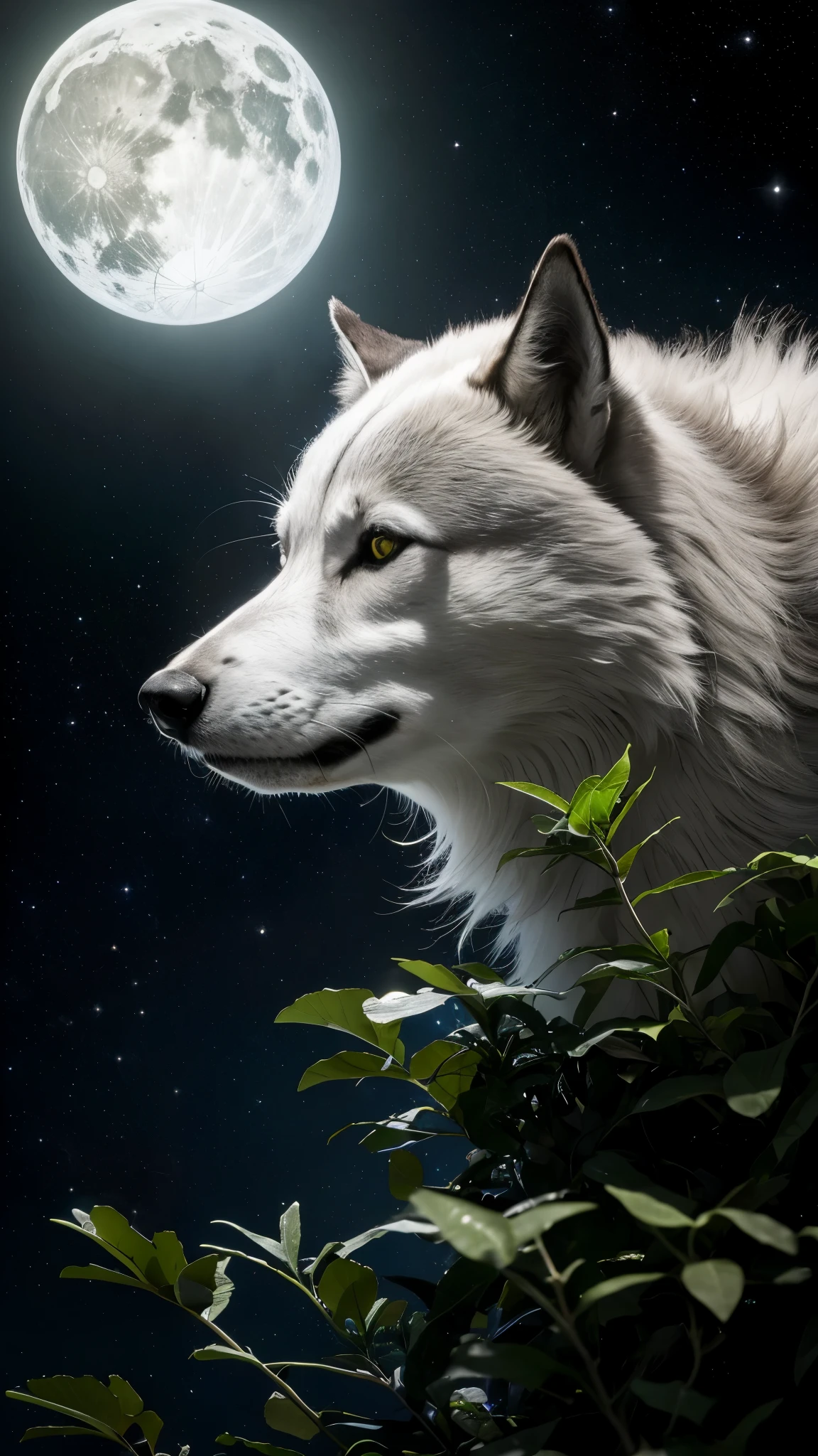 lobo (Obra-prima detalhada de alta qualidade de imagem) "Cor preta com olhos azuis" lobo floresta perigosa, meia-noite, lua cheia. 1 lobe only. ( Front angle of the image)