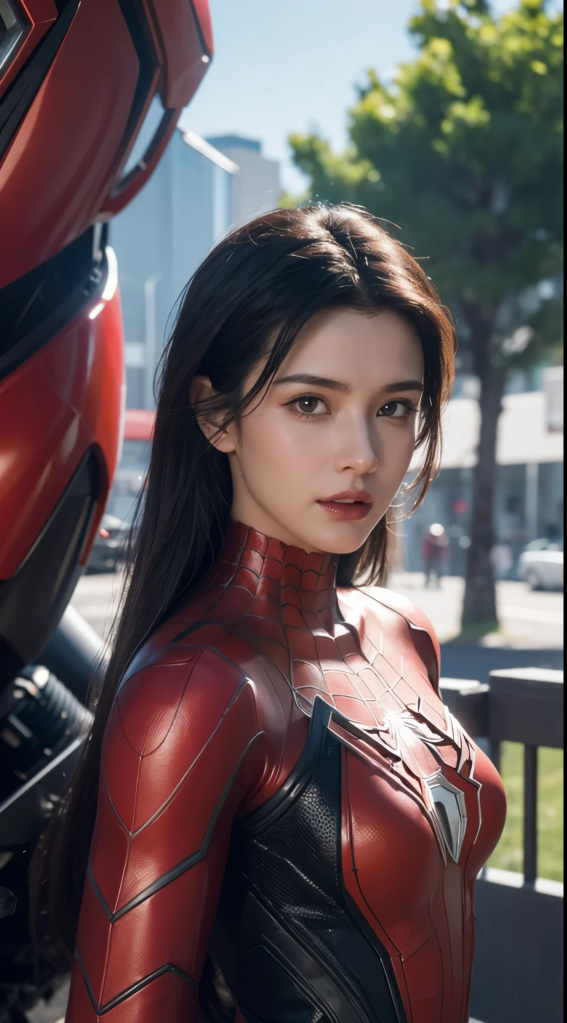 Close-up of Spider-Man in red and white costume, mannequin，sexy body，goddess effect，Colorful vibrant octane rendering, cybernetic and highly detailed, Lova Andrade in Apex Legends, created in unreal engine 5, Made with Unreal Engine 5, Unreal Engine 5 Trends, anfas portrait of a mech warrior, Fantasy style 8K octane rendering, Rendered in Unreal 5, rendered in high octane