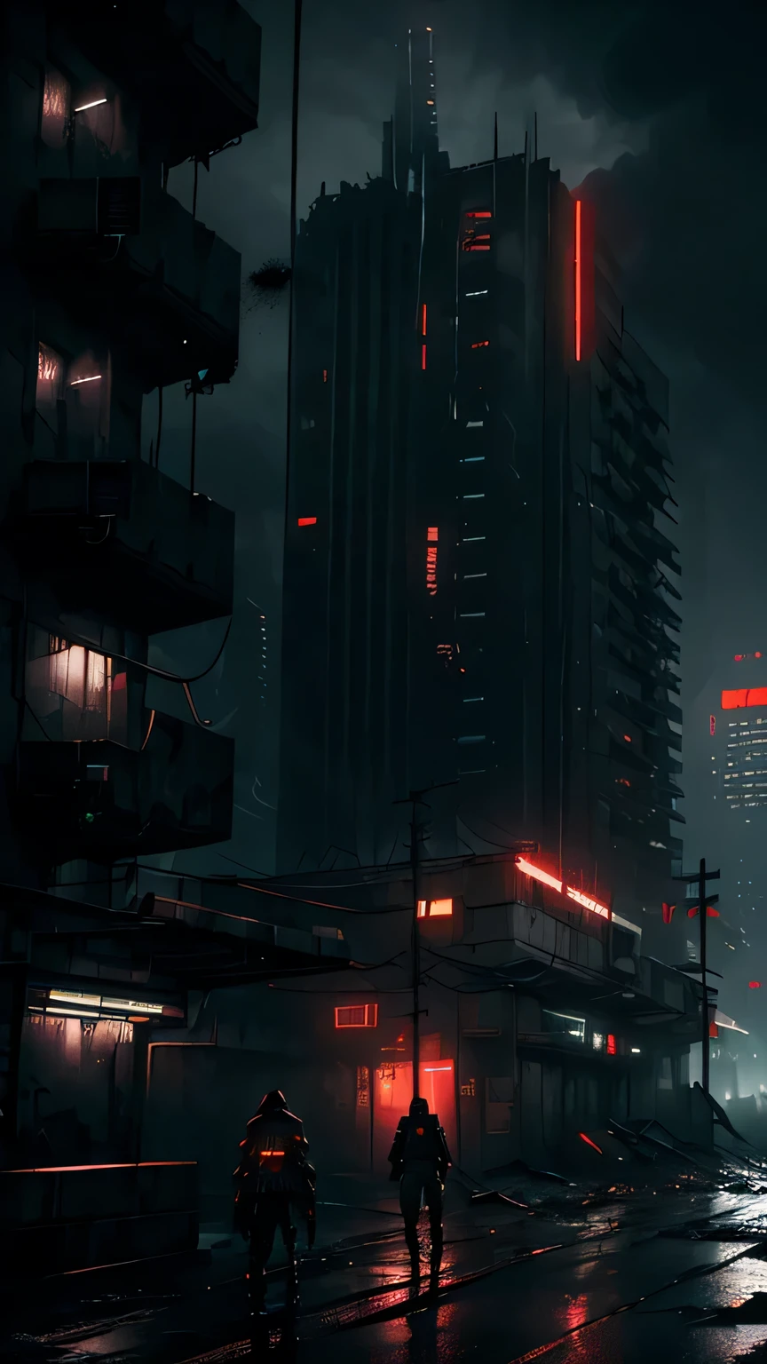 (((Dystopian world))), ((dark cyberpunk atmosphere)), Gloomy sky, dark night, Black Sky, starless sky, long wires and flickering sensors, cold concrete, dark sky, Loneliness, ((cold lighting)), horror atmosphere, extremely detailed, highly detailed art, (very detailed background), Masterpiece