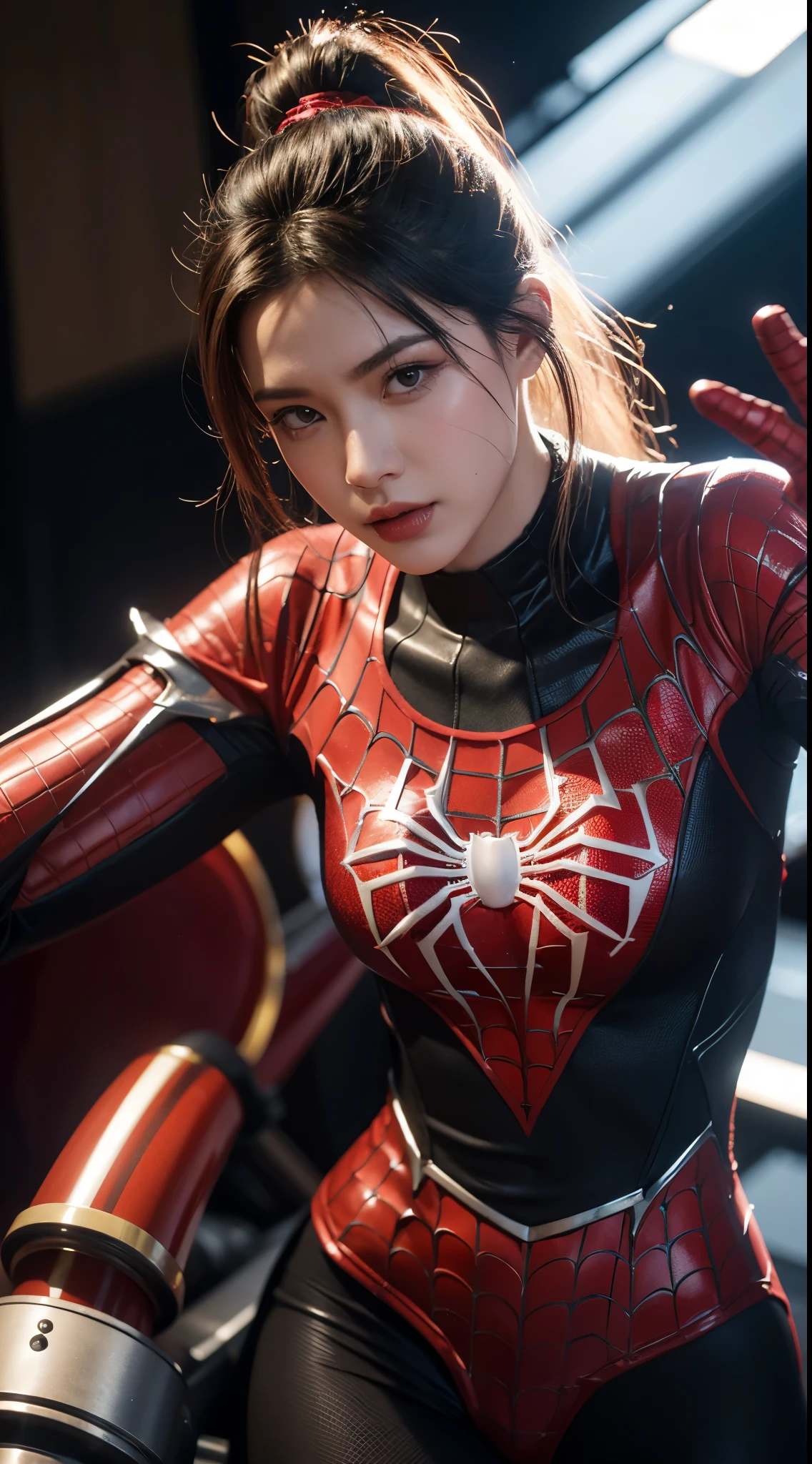 Close-up of Spider-Man in red and white costume, mannequin,sexy body,goddess effect,Colorful vibrant octane rendering, cybernetic and highly detailed, Lova Andrade in Apex Legends, created in unreal engine 5, Made with Unreal Engine 5, Unreal Engine 5 Trends, anfas portrait of a mech warrior, Fantasy style 8K octane rendering, Rendered in Unreal 5, rendered in high octane