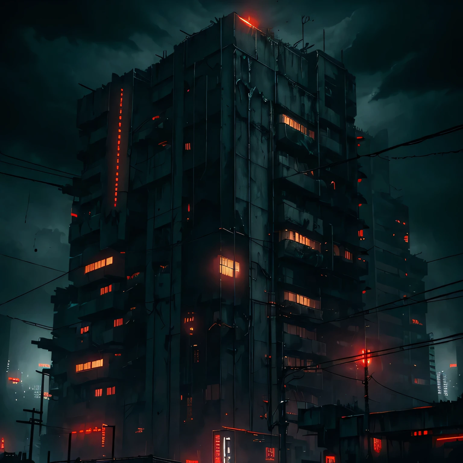 (((Dystopian world))), ((dark cyberpunk atmosphere)), Gloomy sky, dark night, Black Sky, starless sky, long wires and flickering sensors, cold concrete, dark sky, Loneliness, ((cold lighting)), horror atmosphere, extremely detailed, highly detailed art, (very detailed background), Masterpiece