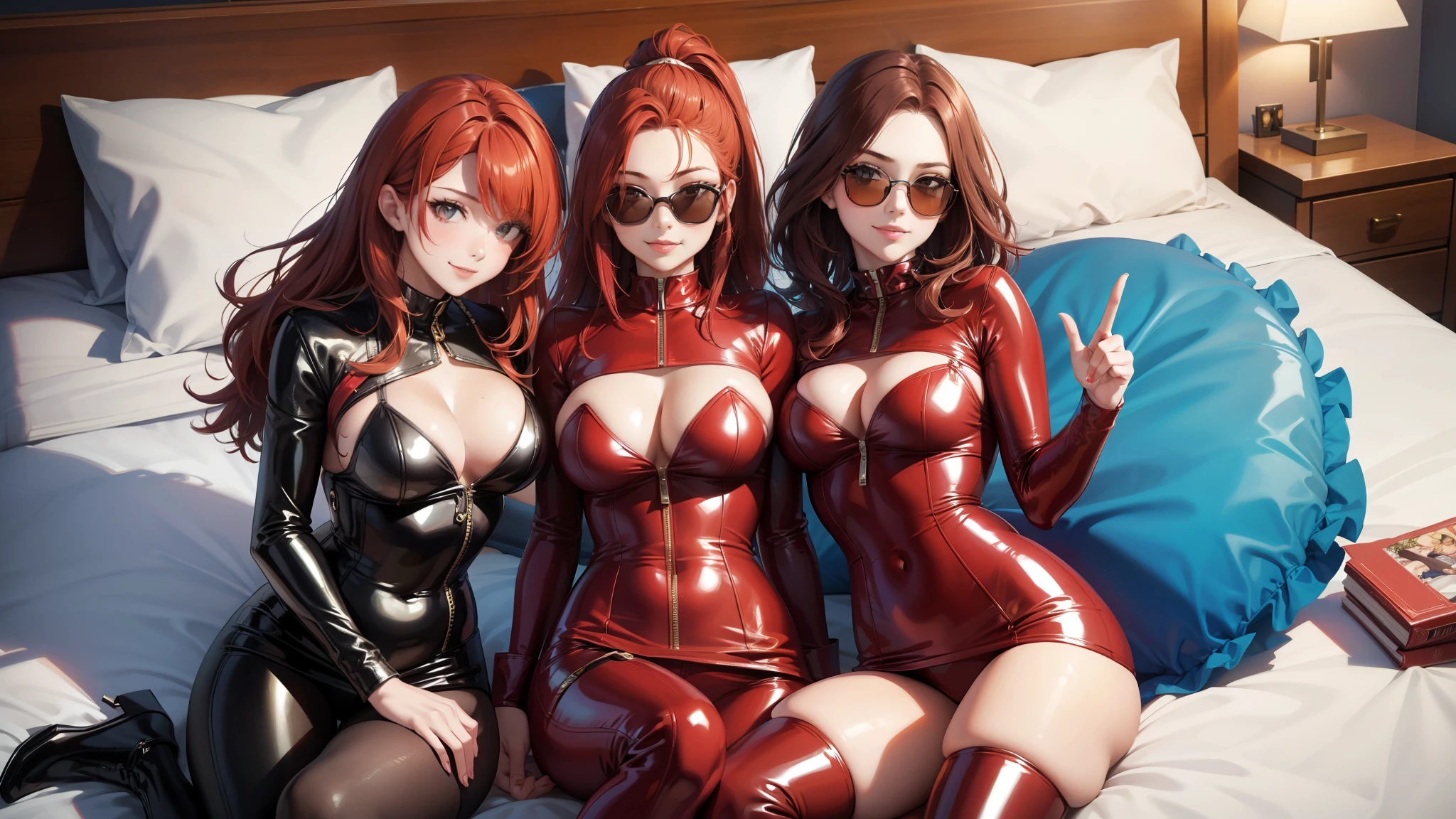 three sexy women looking at camera, flirtatious smiles, on bed, red and auburn hair, sunglasses, latex outfits, portrait