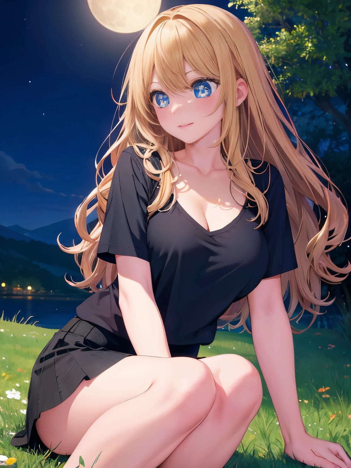 1woman,super beautiful,Sit facing sideways, looking away, knees folded,grass hill, night, beautiful moon, blush,half body photo,Focus on face,Beautiful eyes, very detailed face, HD face, perfect face,black t-shirt,black mini skirt,Very big breasts,Blonde hair,long hair,wavy hair,bangs,blue eyes,ultra detail,ultra Hd, masterpiece,4k