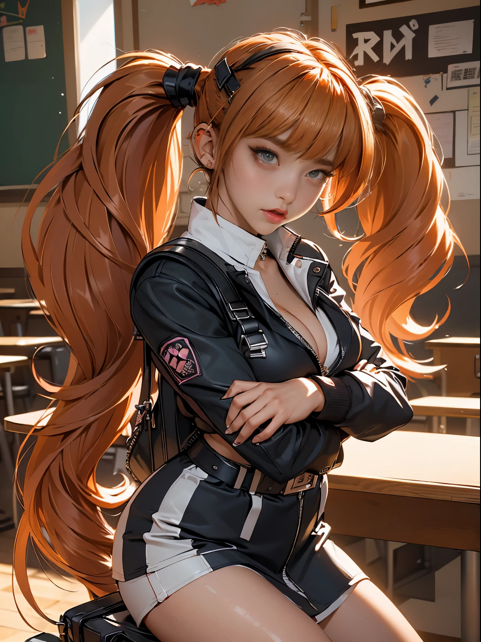 (((of the highest quality: 1.4))),(unparalleled masterpiece ever), (Ultra high definition),(Ultra-realistic 8K CG), offcial art、 (((adult body, accentuated super huge enormously gigantic tits, cleavage showing))), (((1girl in))), ((( very long hair in pigtails ))), Punk girl with a perfect body, school girl uniform school girl skirt and backpack with lots of straps buckles and zippers,Beautiful and well-groomed face,Fancy makeup,Detailed punk fashion,school girl uniform and school girl skirt, (Image from head to thigh),((Platinum orange hair )), Harajuku-inspired hooded jacket, Simon Bisley's urban savage style,Detailed street background of school classroom,Clean abs, Complex graphics, dark pink with white stars and gray and white stripeany poisonous tattoos )), piercings,