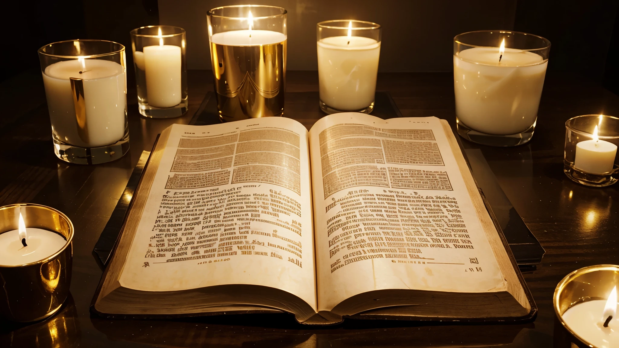 Creates an image of a holy Bible on a table with a glass of water next to it and golden candles around it 