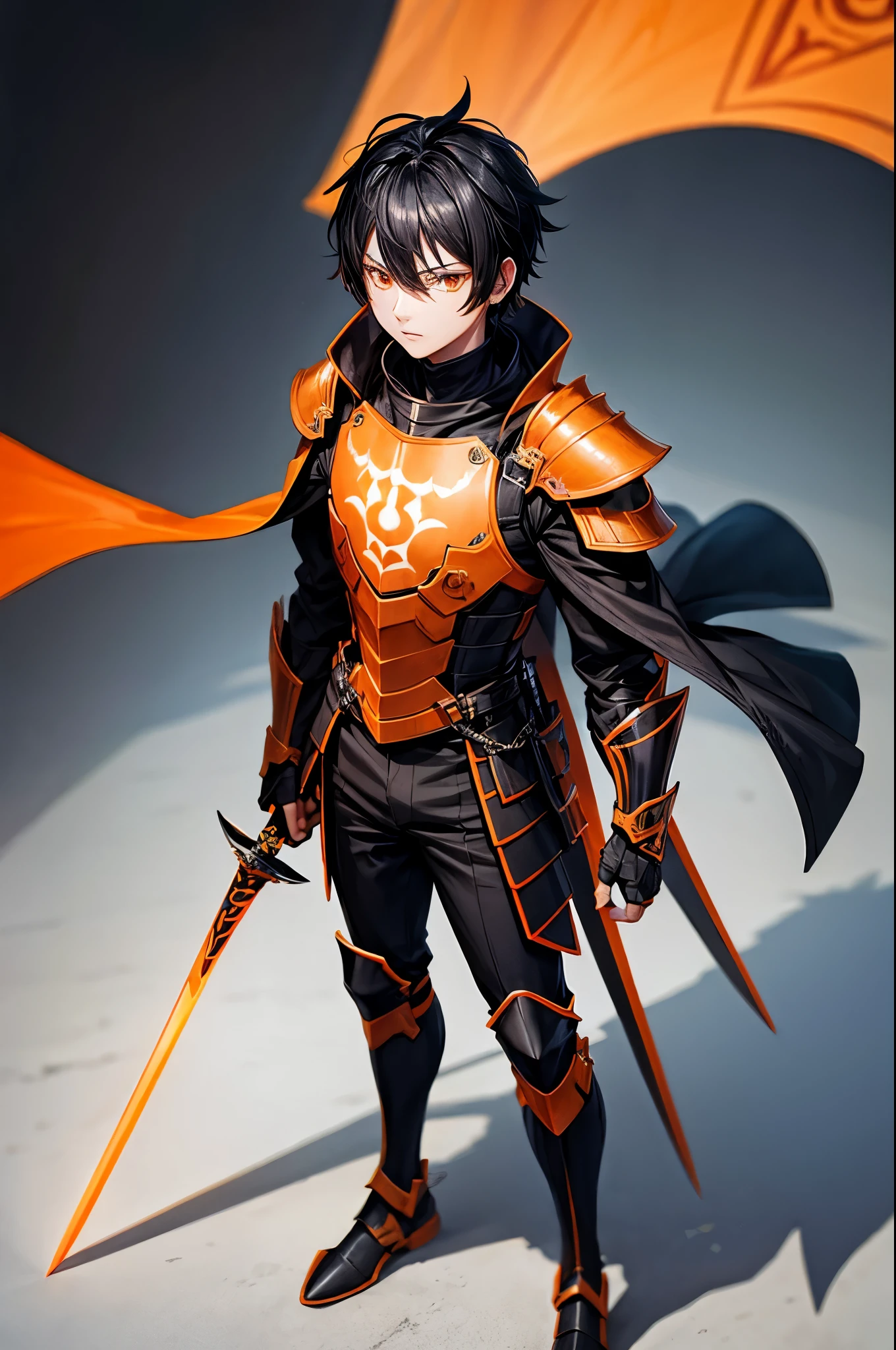 human, short height, black and orange armor, male, orange sword, orange armor, black hair, orange eyes