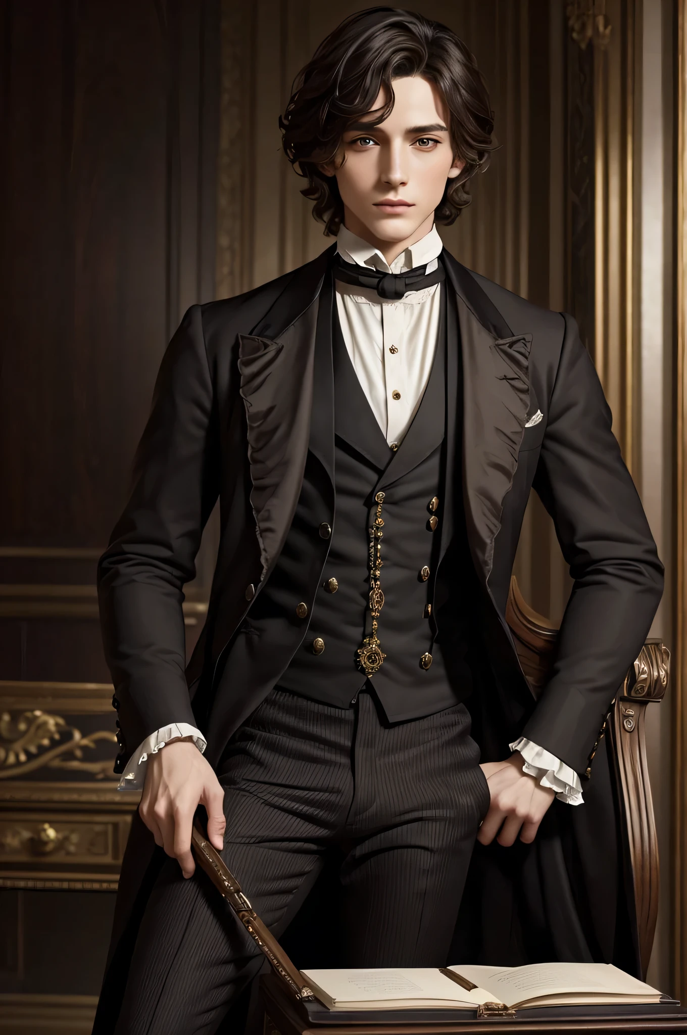 Personaje de Dorian Gray, guapo con rasgos faciales finos, Brown eyes, cabello largo hasta los hombros, in elegant Victorian-era attire, with the background of an English style mansion.