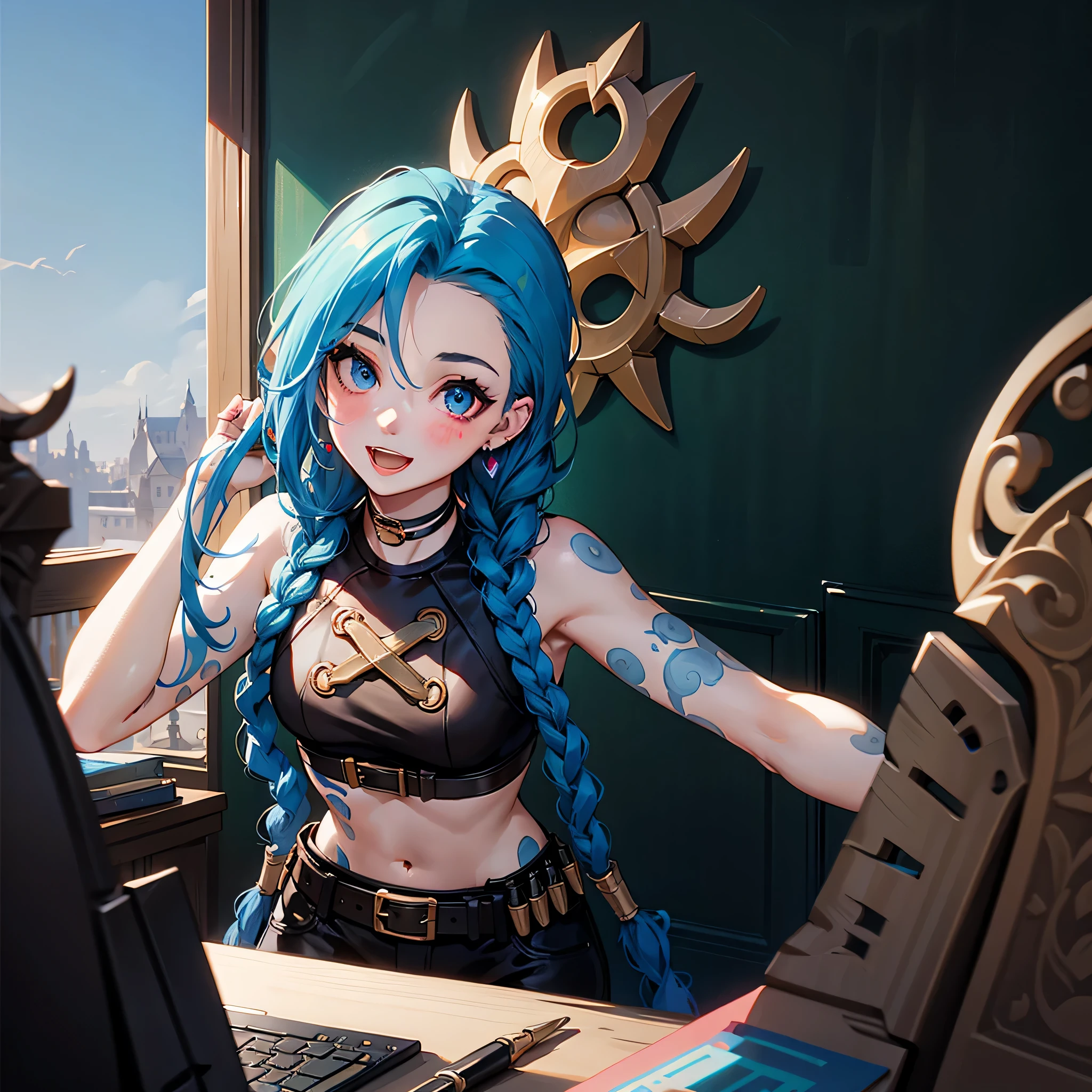 jinx \(league of legends\), 1girl,Pixar style, solo, braid, twin braids, long hair, Surprised Eyes,tattoo, piercing, belt, jewelry, earrings, (Eyes wide open:0.9),looking at viewer, arm tattoo, (Background of medieval castles:1.1), blue hair, blush, smile, v arms, choker, crop top, small breasts, green hair, shoulder tattoo, teeth, open mouth, alternate costume, midriff, pants, blue eyes,