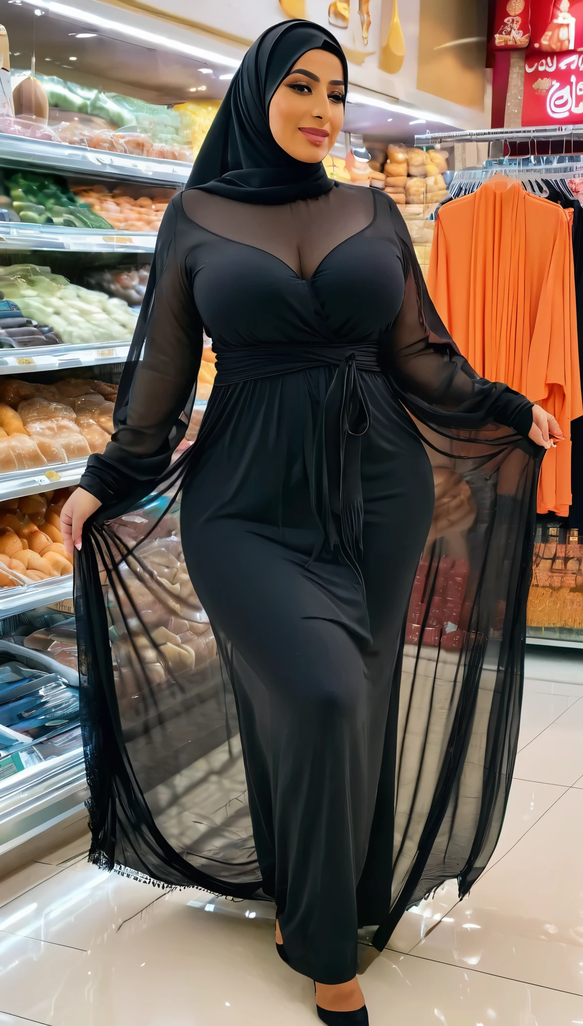 Busty thicc Egyptian mom in store. Sexy see through outfit. Abaya. Optimistic best quality,highres,ultra-detailed,realistic:1.37),curvaceous,mature,voluptuous,curvy, sultry, seductive, alluring, big sexy fat ass hijabi woman mature, thick ass, thick thighs, feet