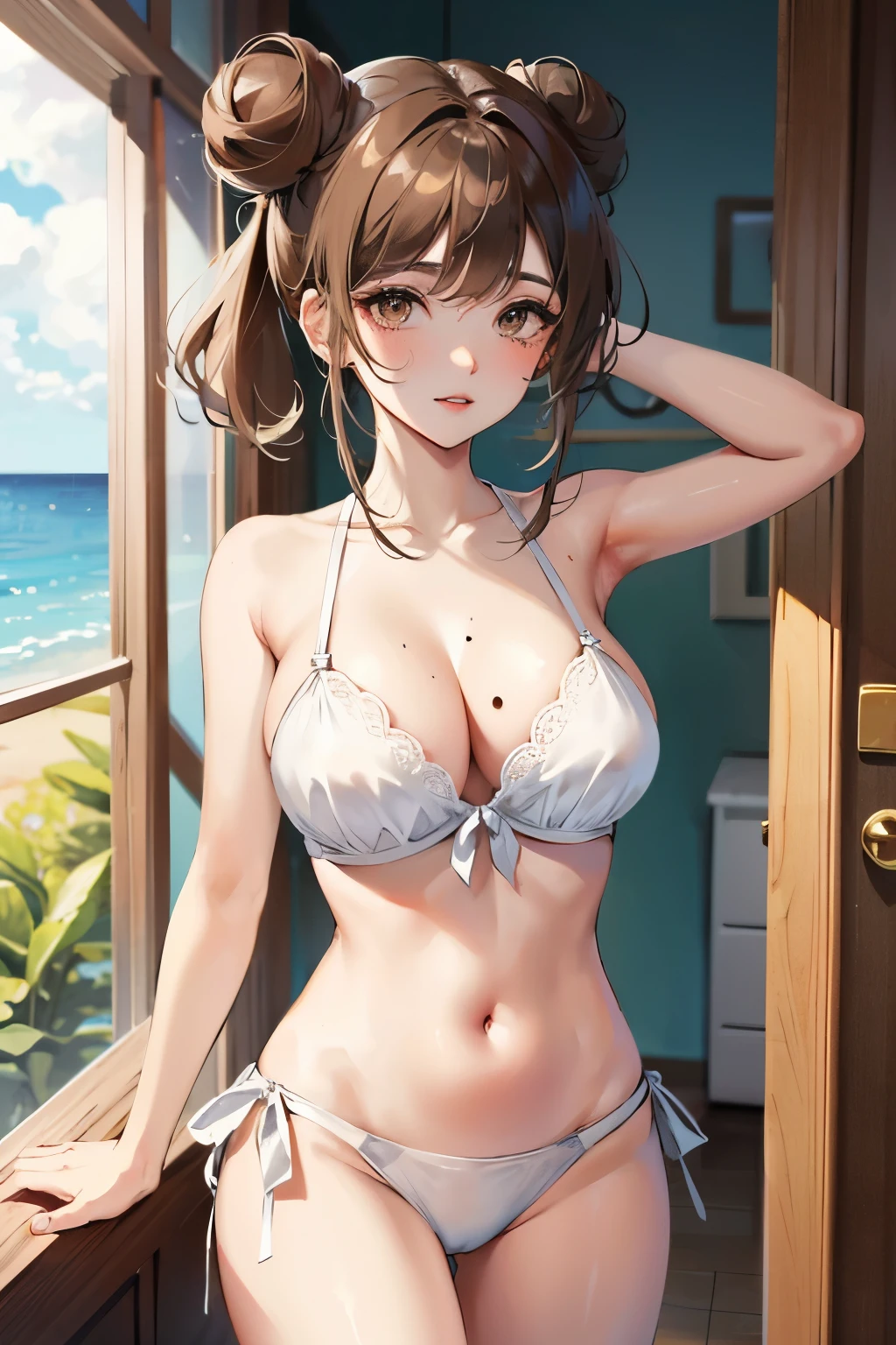 1girl,breasts,solo,navel,brown hair,hair bun,cleavage,brown eyes,wet,large breasts,looking at viewer,double bun,parted lips,indoors,highleg,bikini,white bikini,thighs,lips,door,swimsuit,collarbone,mole,standing,white bra,underwear,mole on breast,armpits,bra,curvy,front-tie top,